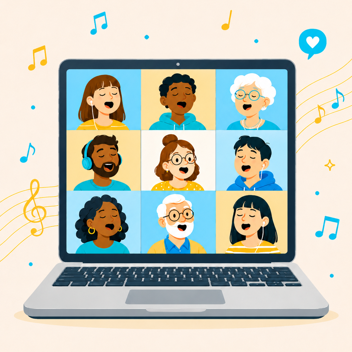 Cartoon illustration of a virtual singing group on a video call displayed on a laptop, with diverse people singing and wearing headphones or earbuds, surrounded by musical notes and symbols.