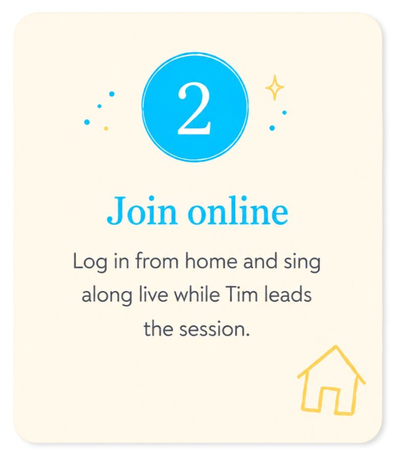 A digital invitation with a blue circle containing the number 2, encouraging people to join an online singing session from home led by Tim.
