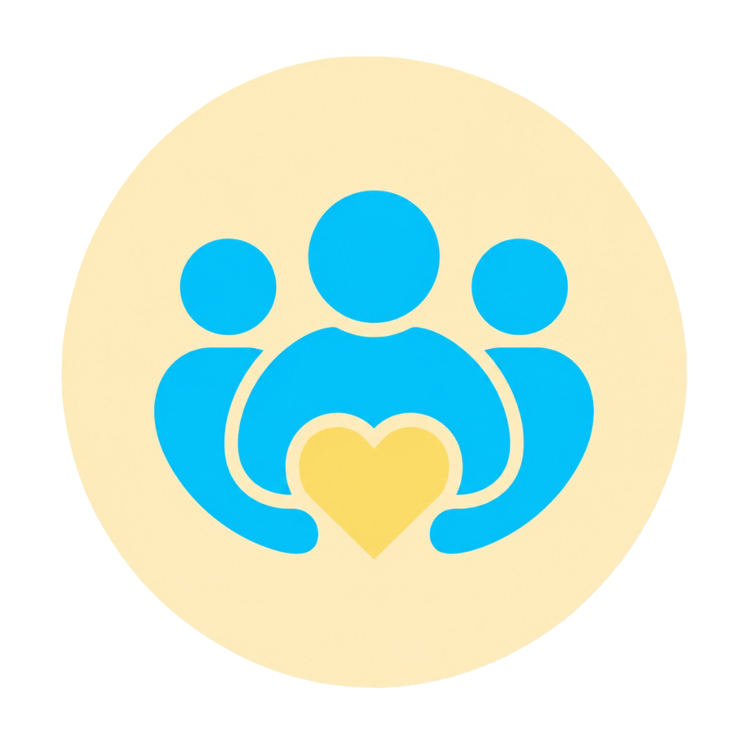 A graphic icon of three blue human figures, with one larger figure holding a yellow heart, symbolizing care or community, on a light yellow circular background.