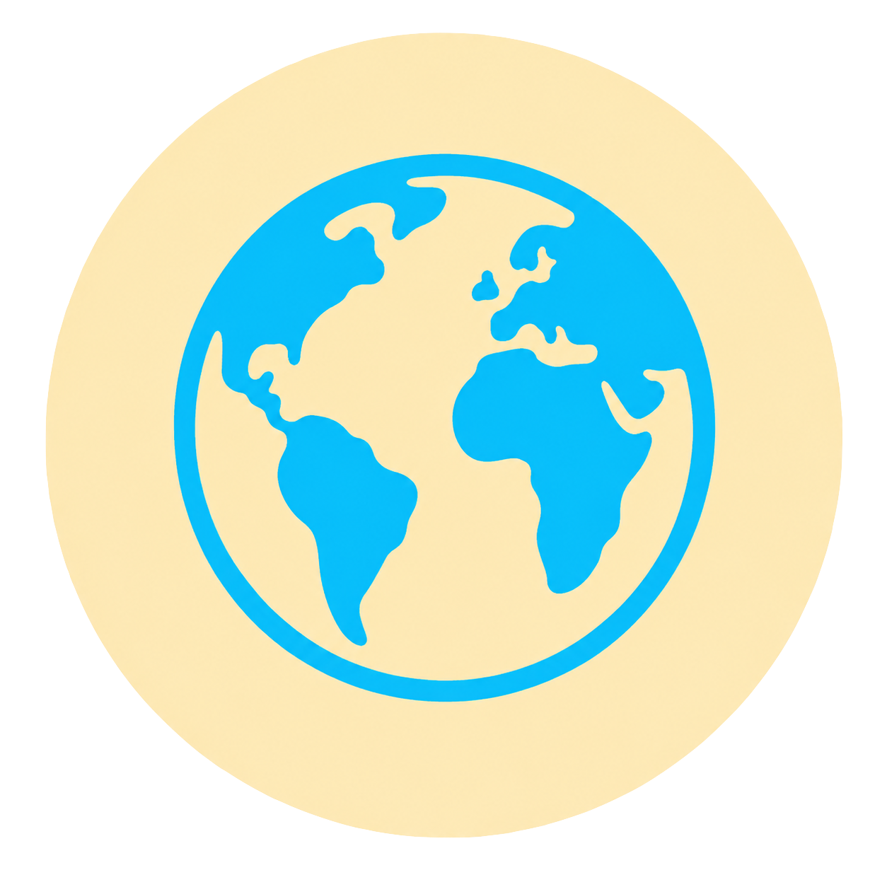 Illustration of the Earth with continents in blue on a yellow circular background.
