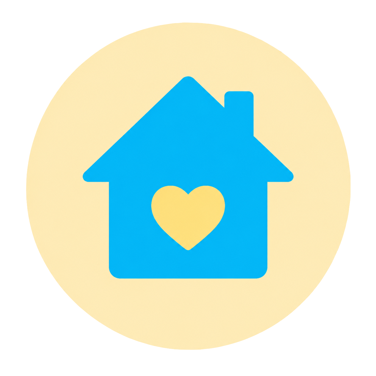 Blue house icon with a heart in the center on a light yellow background.