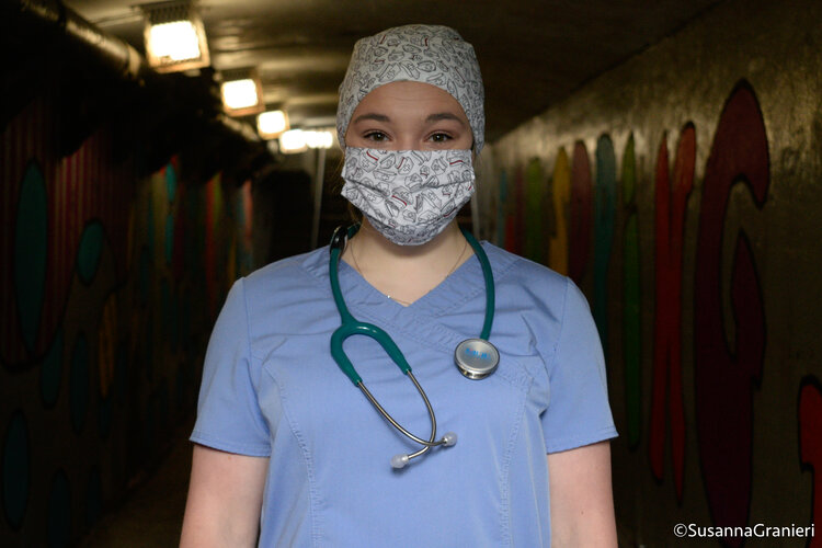 Samantha Bruno, third-year nursing student at Adelphi University in Long Island, NY, wears her scrubs given to her by Cortlandt Healthcare.