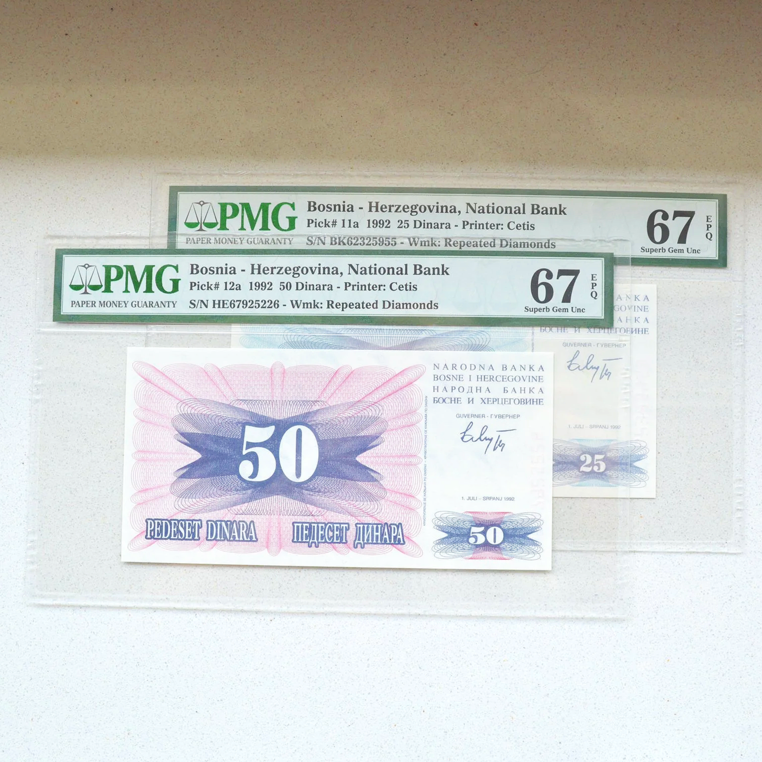 Bosnia - Herzegovina 1992 25 & 50 Dinara Notes - PMG Superb Gem UNC 67 EPQ