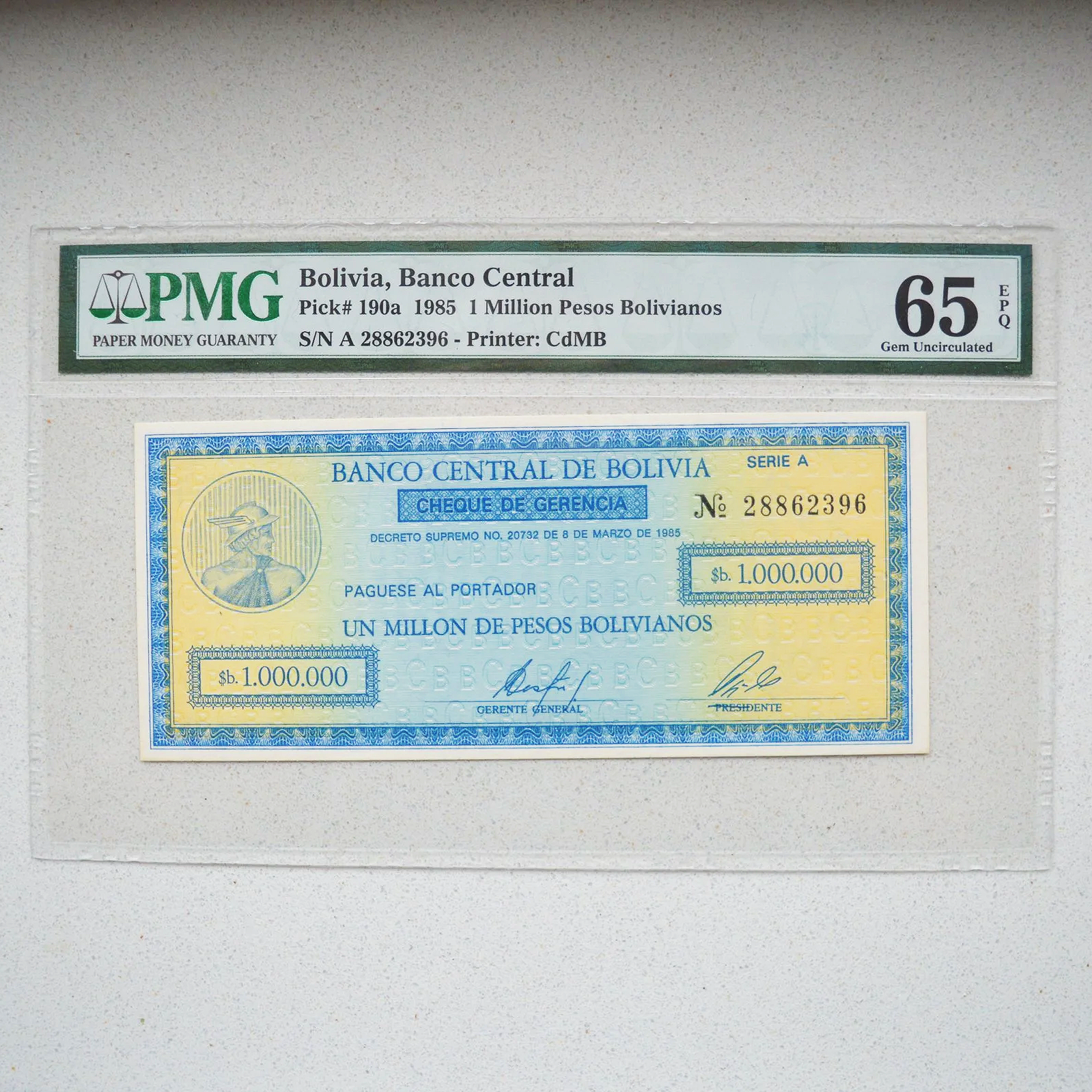 Bolivia 1985 1 Million Peso Emergency Cheque - PMG Gem UNC-65 EPQ (1)