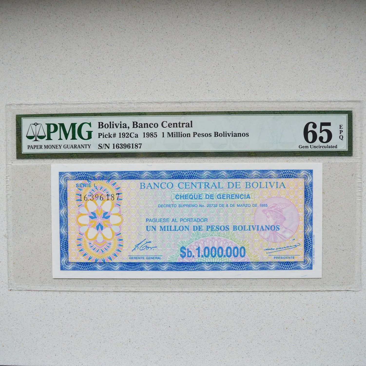 Bolivia 1985 1 Million Peso Emergency Cheque - PMG Gem UNC-65 EPQ