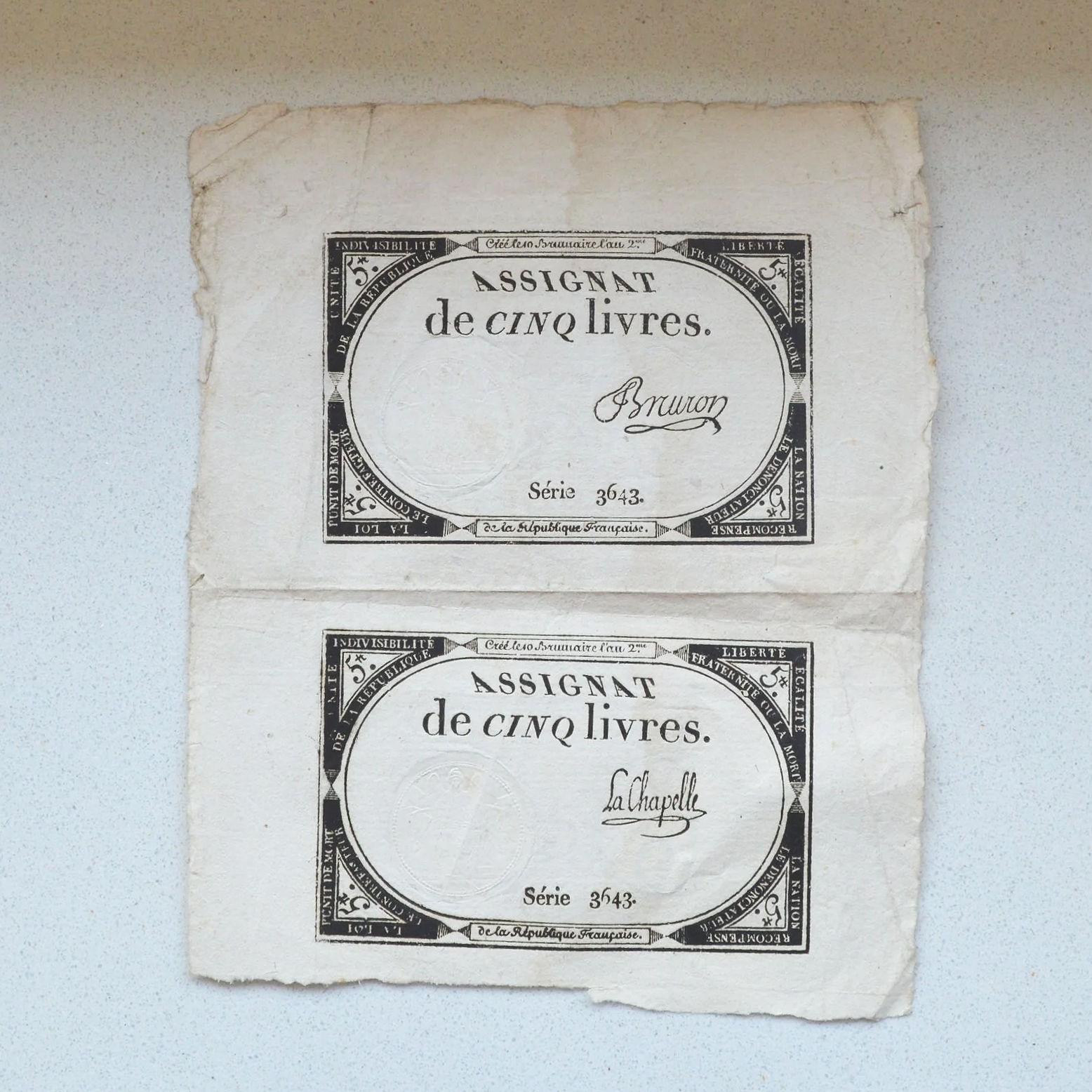 France L'An 2 (1793) Assignat de 5 Livres (Vertical Pair)