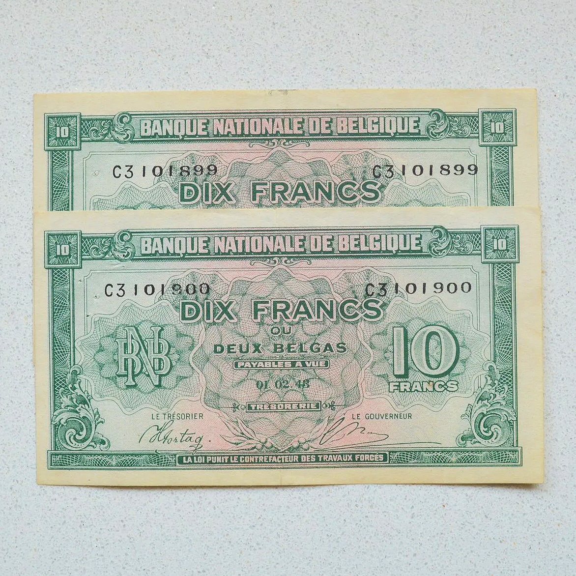 Belgium 1943 10 Francs / 2 Belgas, Consecutive Pair - VF+ Net