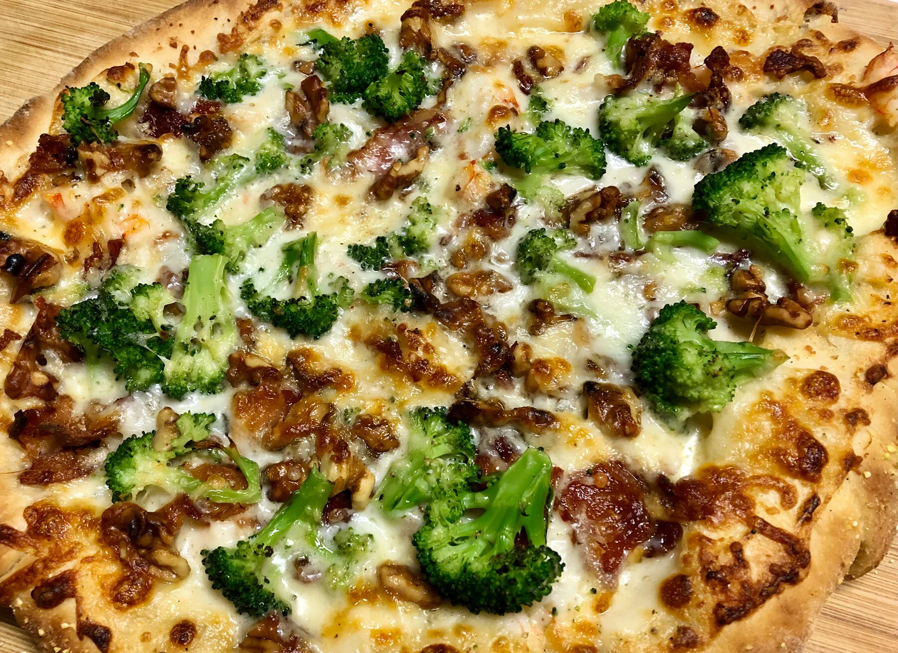 White Pizza with Bacon, Broccoli, and Toasted Walnuts