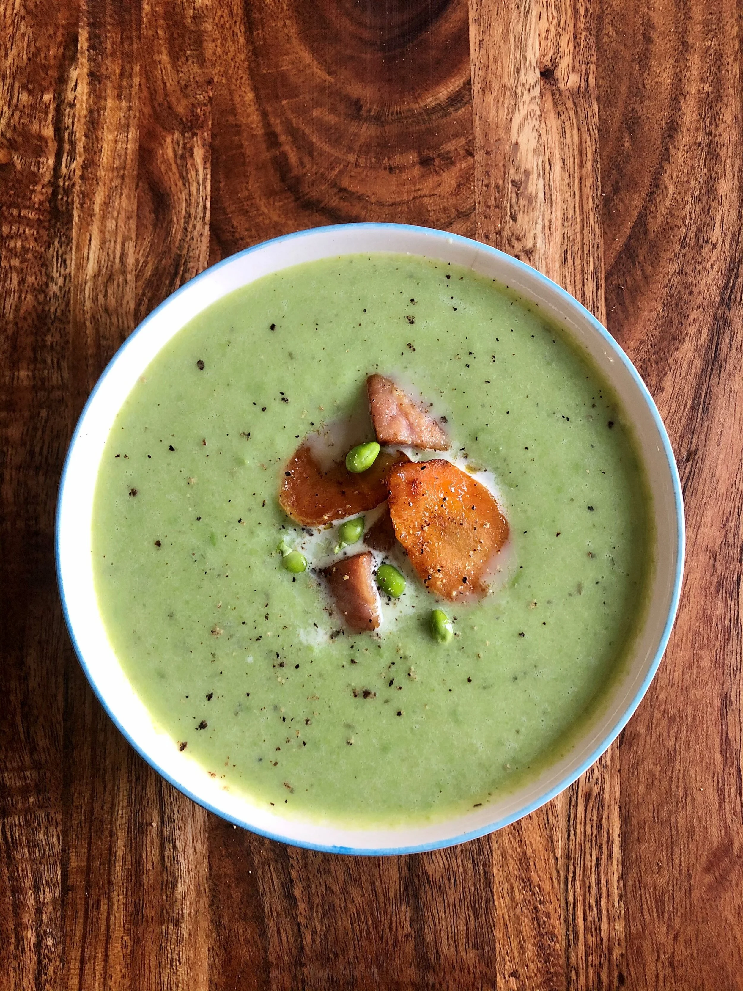 Easy Peasy Soup with Crispy Ham and Carrots