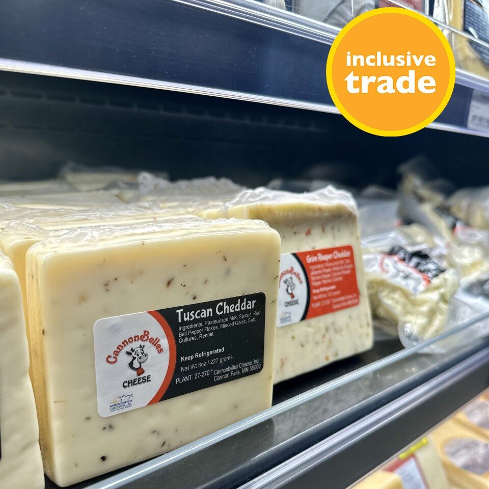 We have a new inclusive trade item in both stores. Introducing CannonBelles Cheese! This women-owned cheese company makes amazing cheeses right around the corner in Cannon Falls Minnesota! They have been producing cheese since 2012. Stop into either 