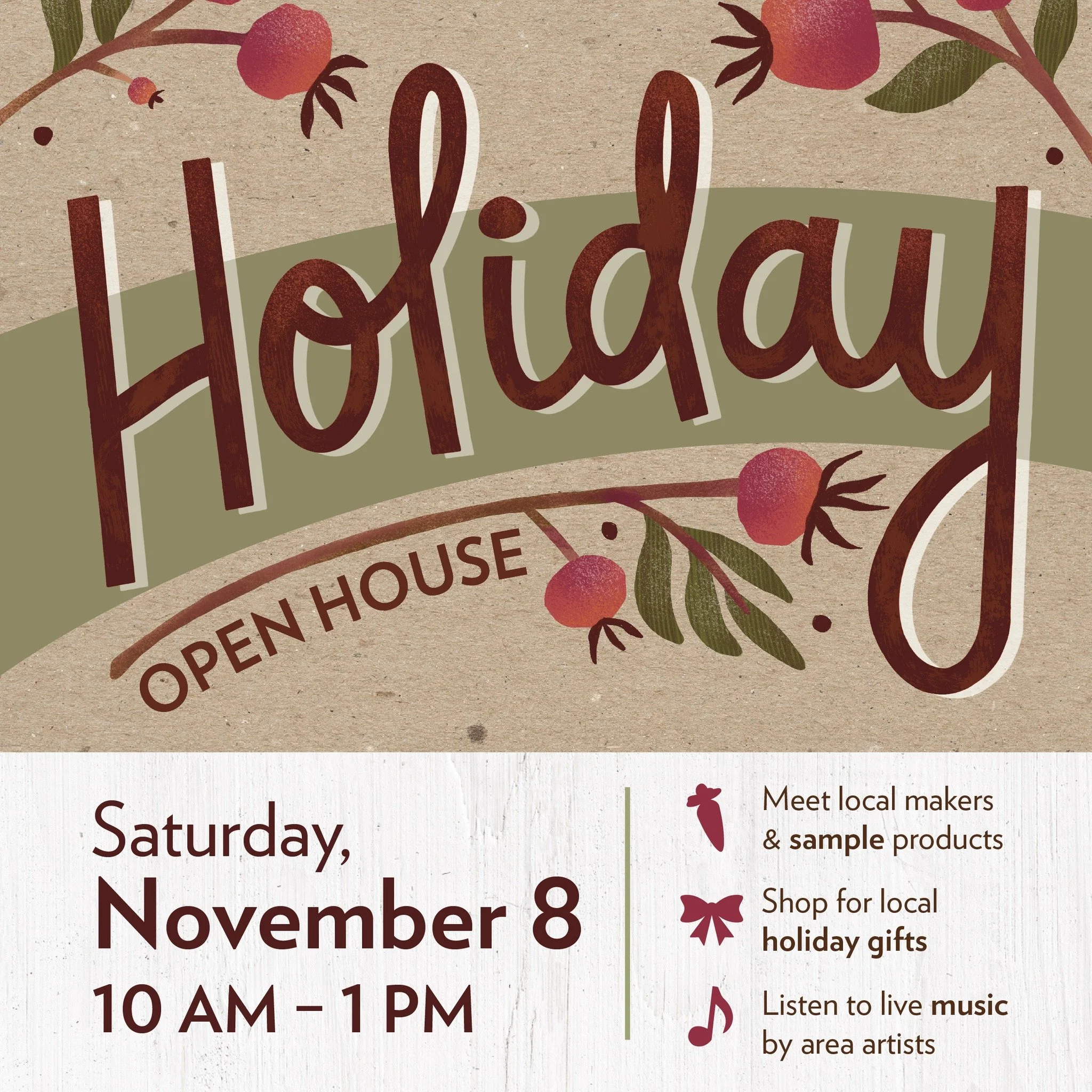 Join us on Saturday, November 8, from 10 AM to 1 PM at both locations for our Holiday Open House and celebrate the season!
Stroll through the Co-op as you meet local small business owners, all passionate about what they do. Sample food and products
