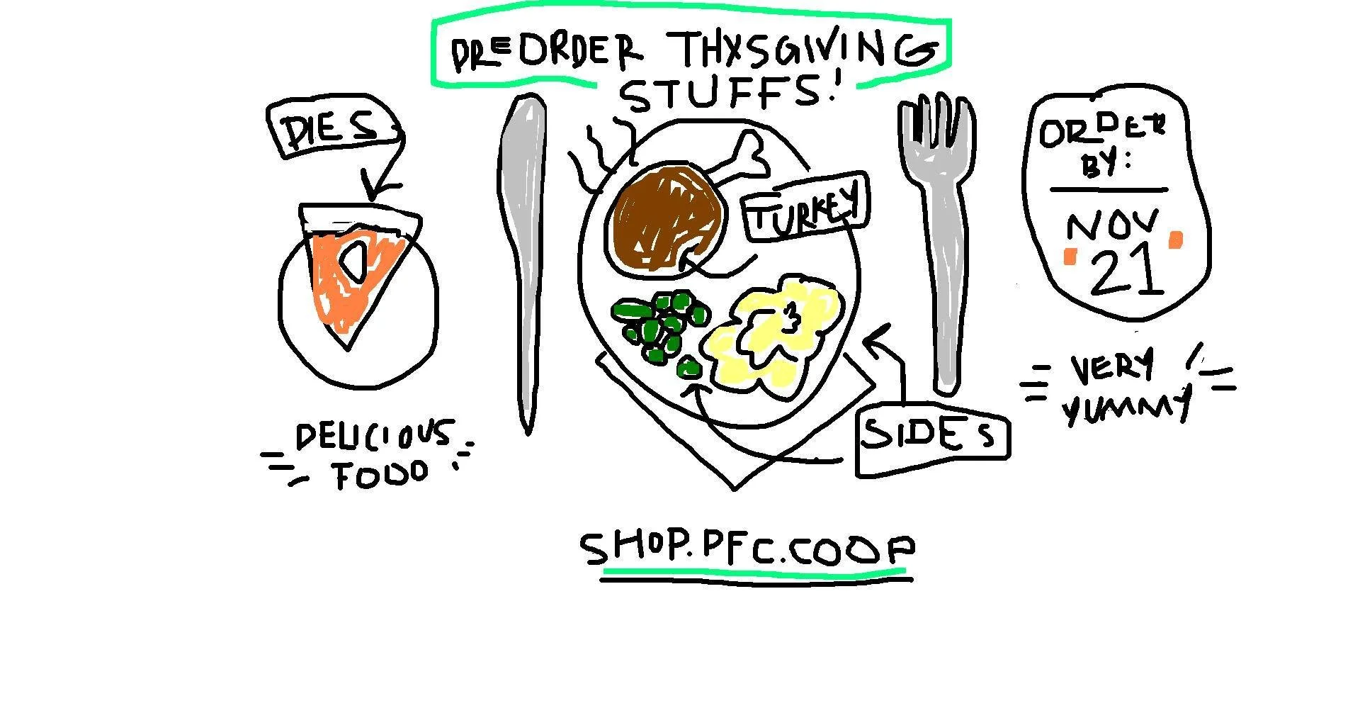 Our graphic designer is on vacation, so the marketing team has heroically stepped up with their incredible artistic skills.
Please enjoy our masterpiece-level drawings and place your Thanksgiving orders today!
Pre-orders close this Friday, Nov. 21.