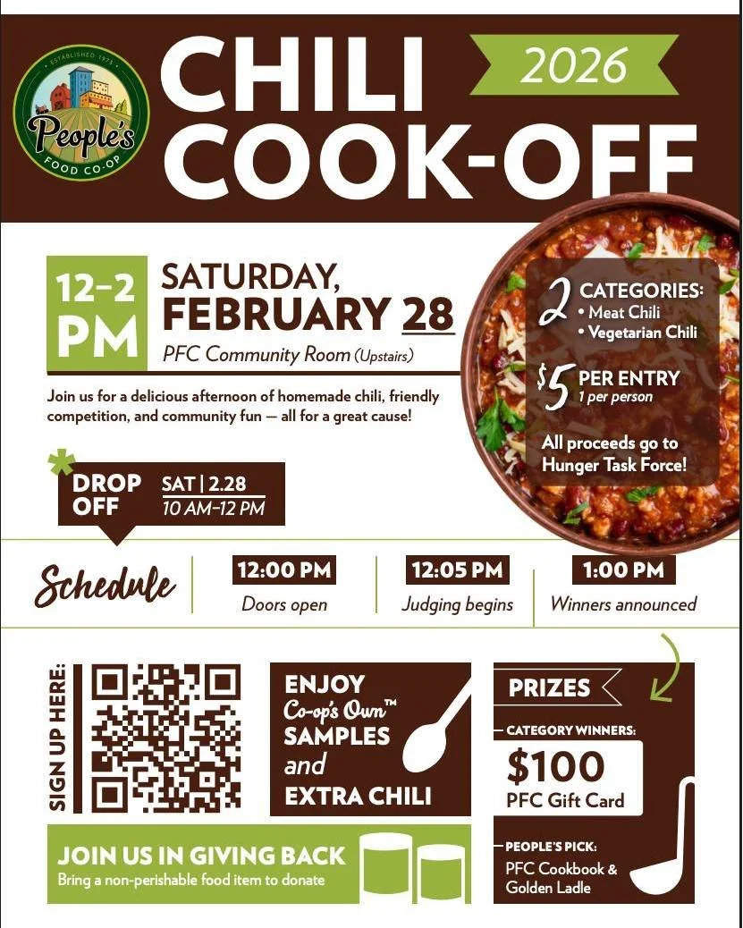 Dust off your crockpots- it&rsquo;s chili time! 🌶️
The PFC Chili Cook-Off is back at our La Crosse store on Saturday, Feb. 28 from 12&ndash;2 PM. Compete, sample, and vote for the People&rsquo;s Pick while supporting Hunger Task Force. Meat &amp; Ve