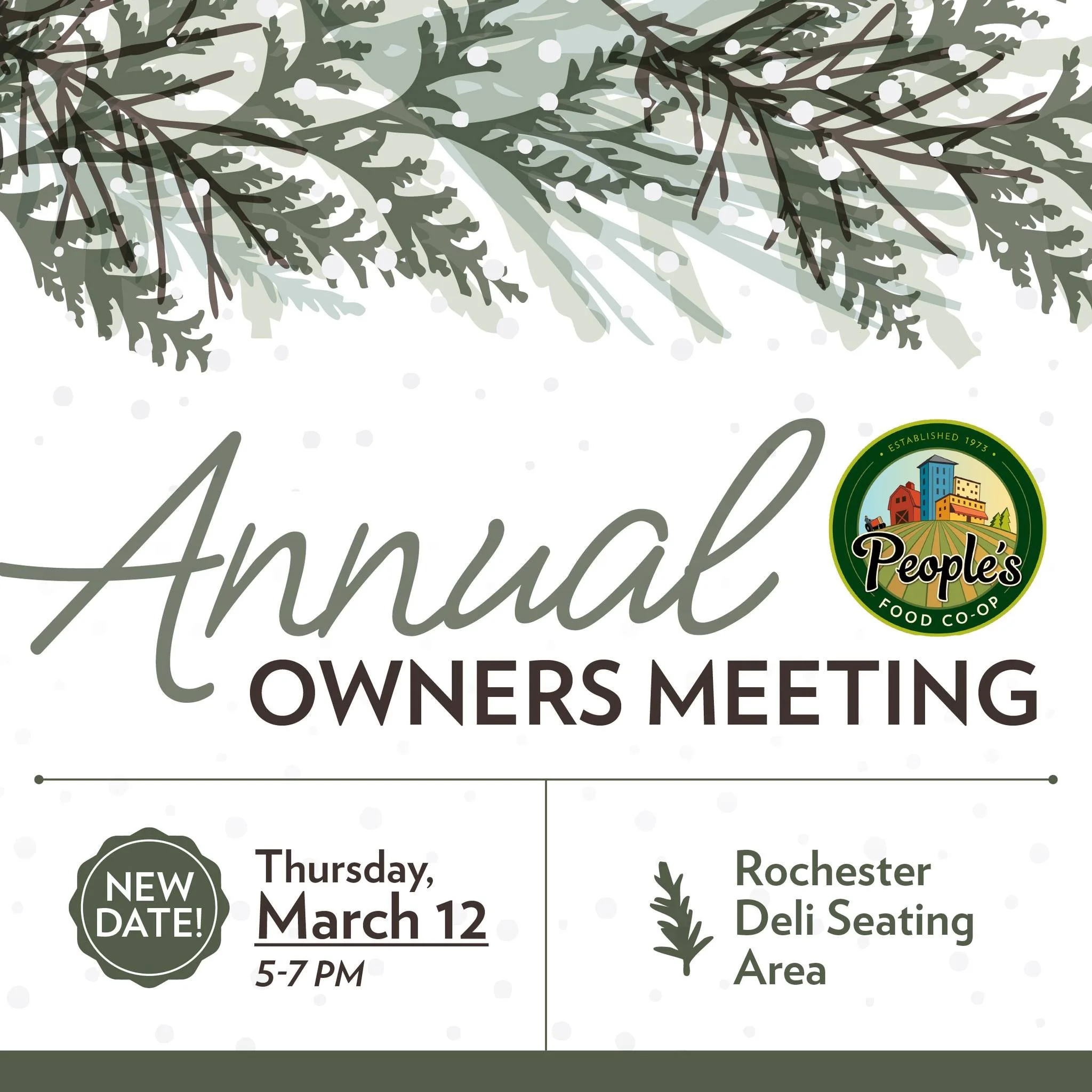 New Date&mdash;Save the Date! 🎉

Our Annual Owners Meeting has been rescheduled to Thursday, March 12 at 5:00 PM.
 
Join us in person at our Rochester deli seating area or virtually. We&rsquo;ll kick things off with a light meal and beverages at 5:0