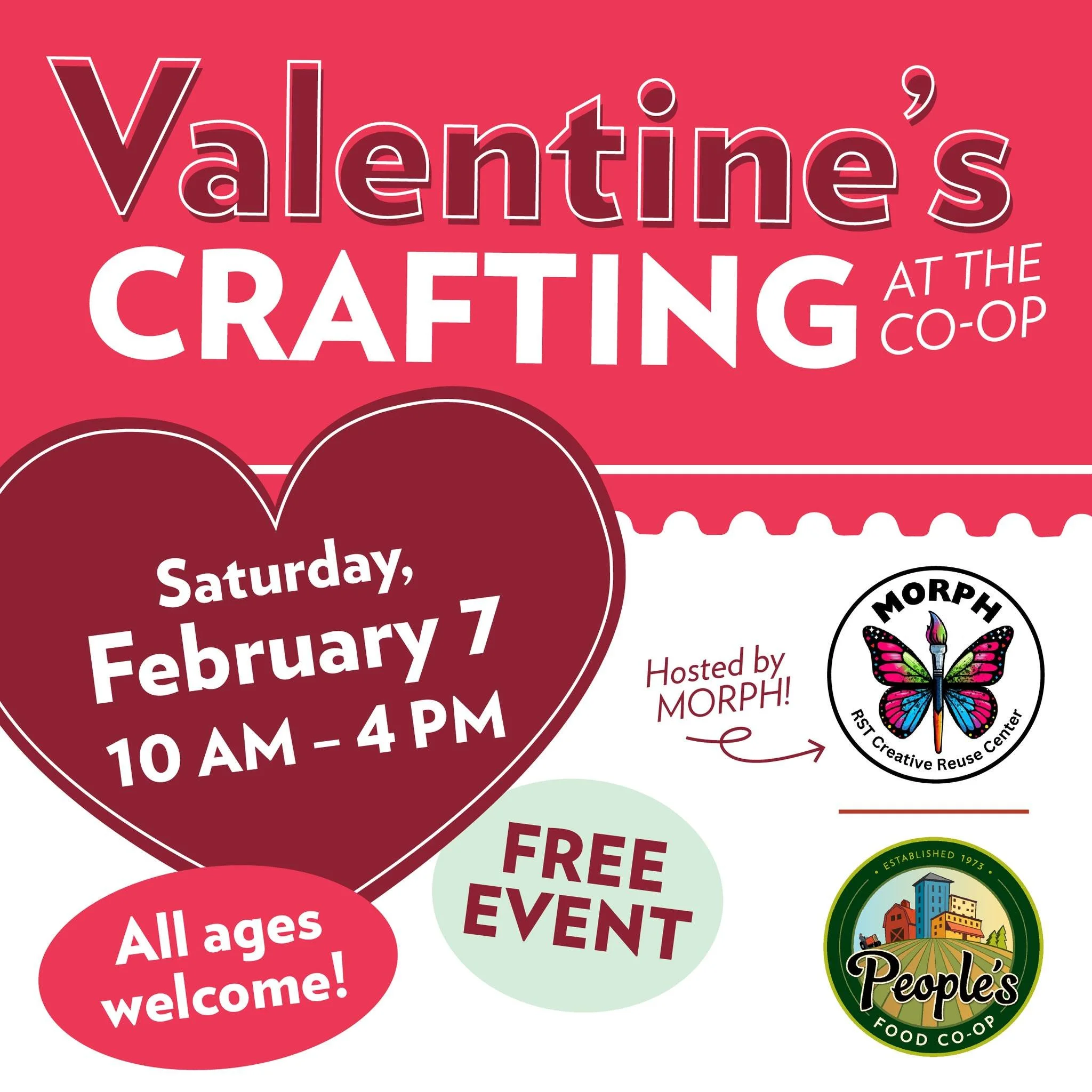 💖 Valentine&rsquo;s crafting with MORPH at the co-op!💖
Join MORPH Creative Reuse Center for a FREE, all-ages, drop-in crafting event at the  co-op in Rochester! We&rsquo;ll be making Valentine&rsquo;s-themed crafts using only donated and recycled m