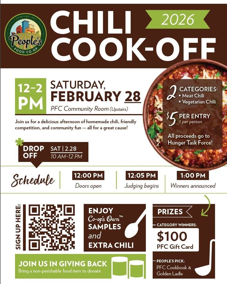 Calling all chili fans!🔥🌶️
Come hungry and join us at People's Food Co-op from 12&ndash;2 PM to sample a variety of homemade chilis and vote for your favorite at our Chili Cook-Off! 🥄🏆
Warm up, bring a friend, and help support Hunger Task Force w