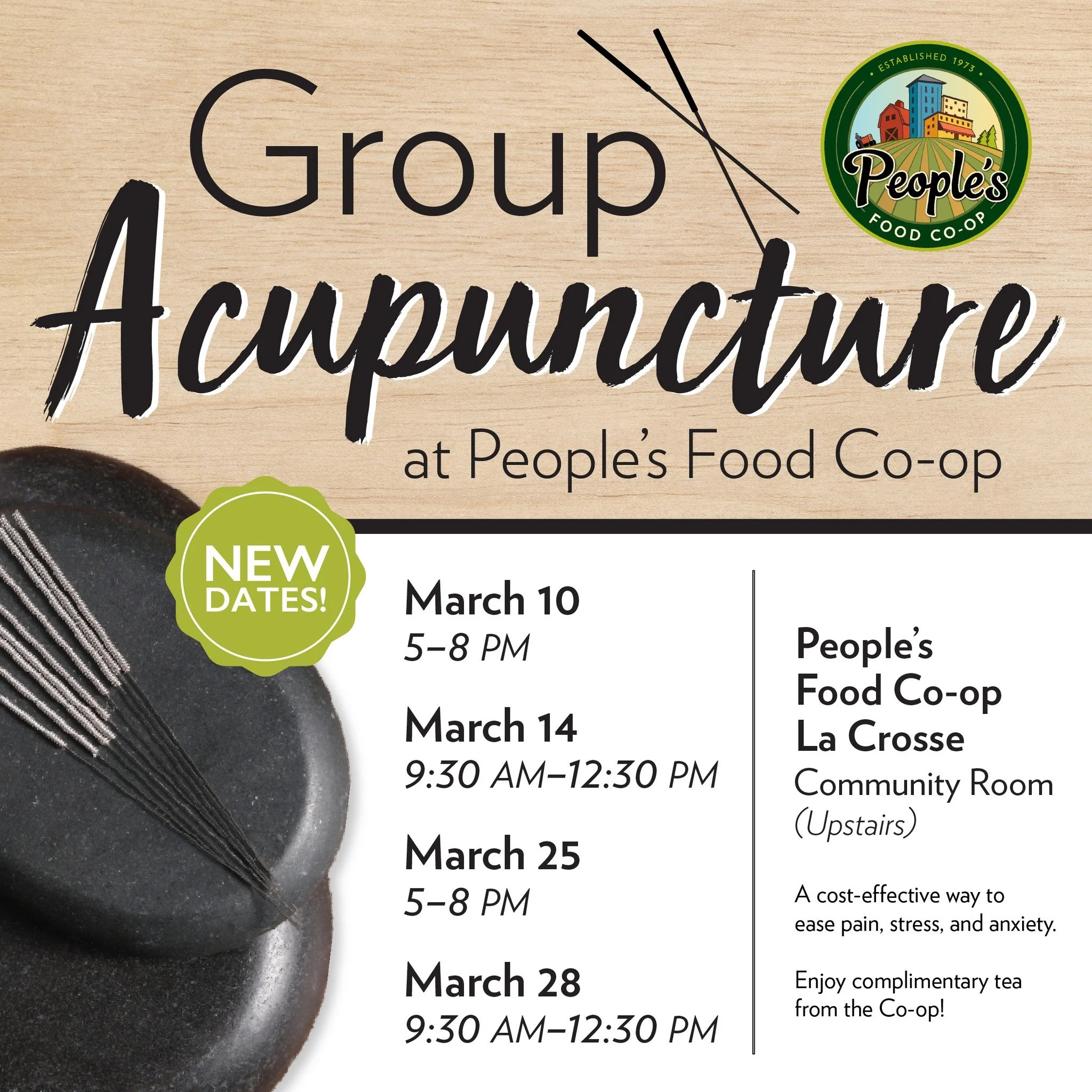 Looking for a little self-care this month? 🌿 Come unwind at PFC La Crosse with Group Acupuncture.

Group acupuncture is an affordable, community-based treatment designed to ease stress, anxiety, and chronic pain. Each session includes a brief consul