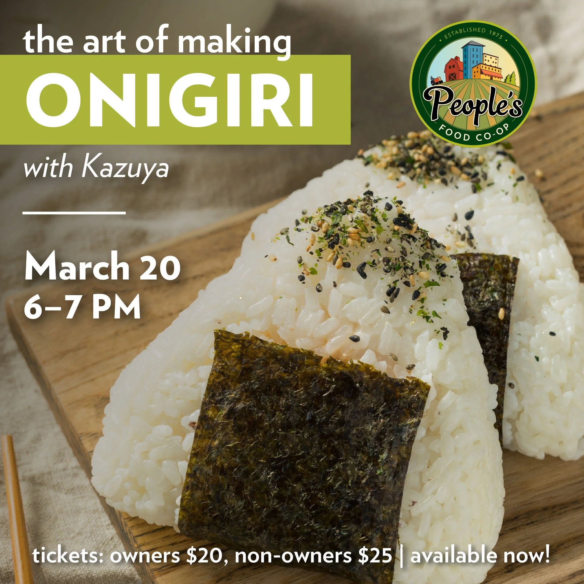 🍙 Join us for a hands-on Onigiri Making Class with Kazuya on Friday, March 20 from 6&ndash;7 PM!
Learn how to shape and season traditional Japanese rice balls, then enjoy the onigiri you make. We&rsquo;re also partnering with Pearl Street Books, who