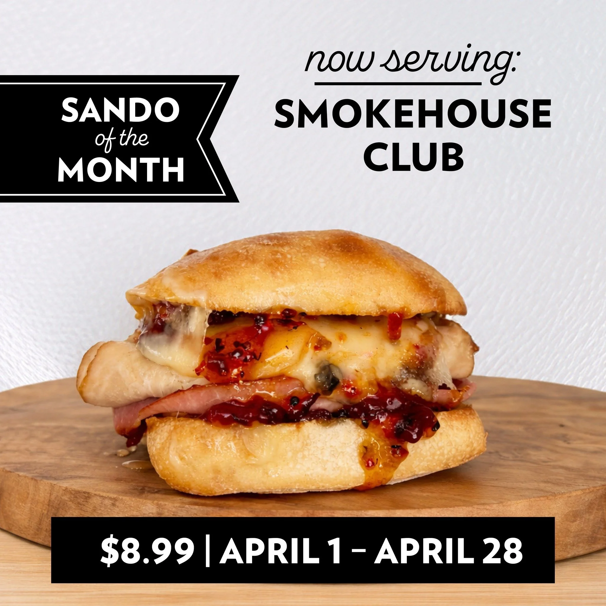 Your lunch plans just got an upgrade 👀

Meet our first Sando of the Month: the Smokehouse Club. Ham, turkey, havarti, gouda, and hot pepper bacon jam piled onto ciabatta.

We&rsquo;ll be rolling out a new, creative sando every month, so keep an eye 