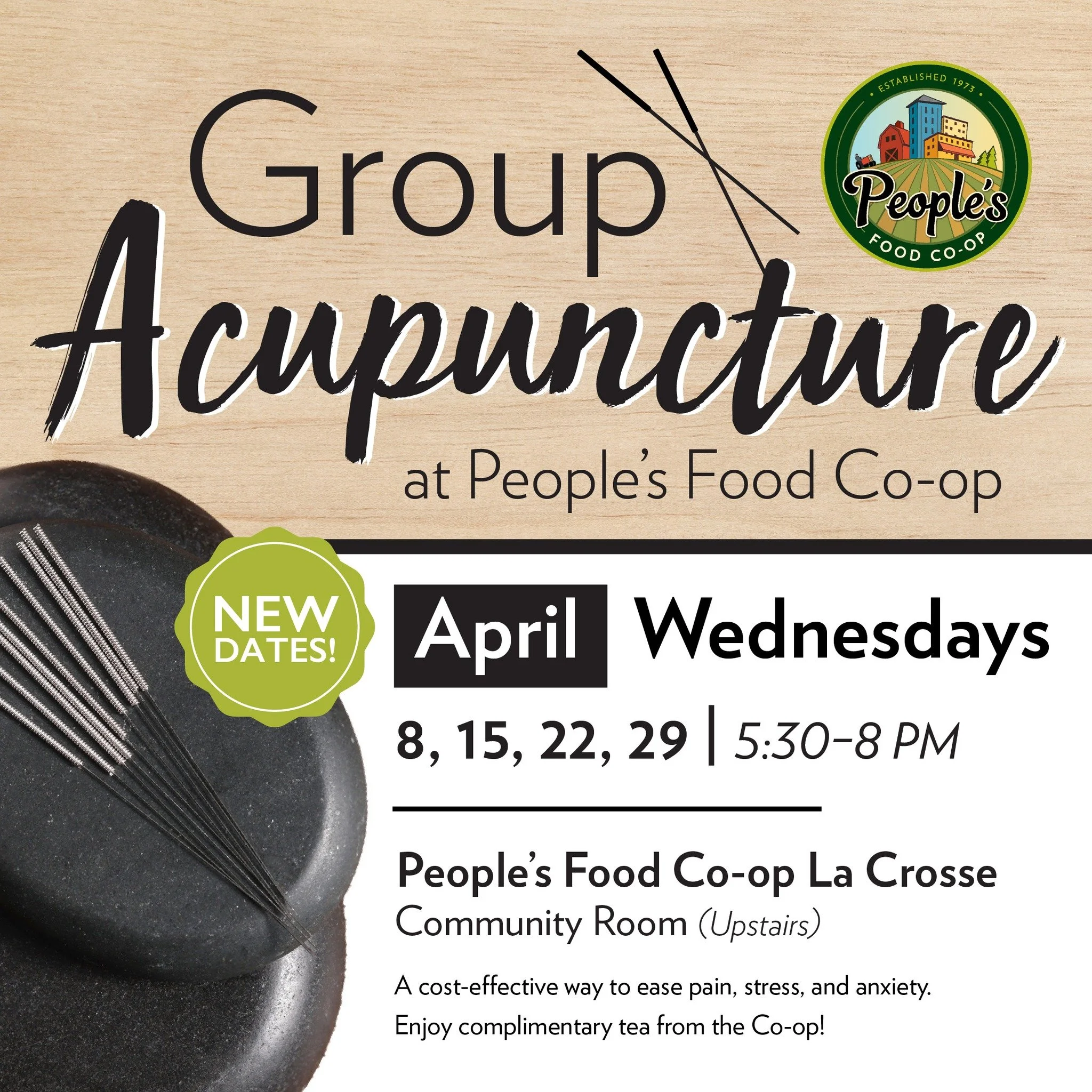 Looking for a little self-care? 🌿
Unwind at PFC La Crosse with Group Acupuncture on April 8, 15, 22 &amp; 29.

Group acupuncture is an affordable, community-style treatment that helps ease stress, anxiety, and chronic pain. Each session includes a b