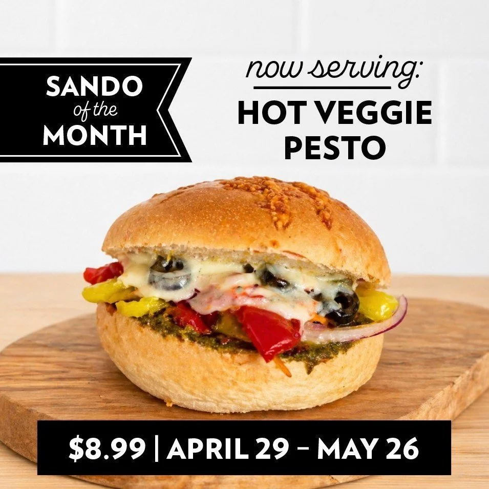 Your lunch lineup just got a fresh new flavor 🌿
Say hello to our latest Sando of the Month: the Hot Veggie Pesto. Basil pesto, red peppers, red onion, pepperoncini, carrots, black olives, and provolone stacked on focaccia.

We&rsquo;re dropping a ne