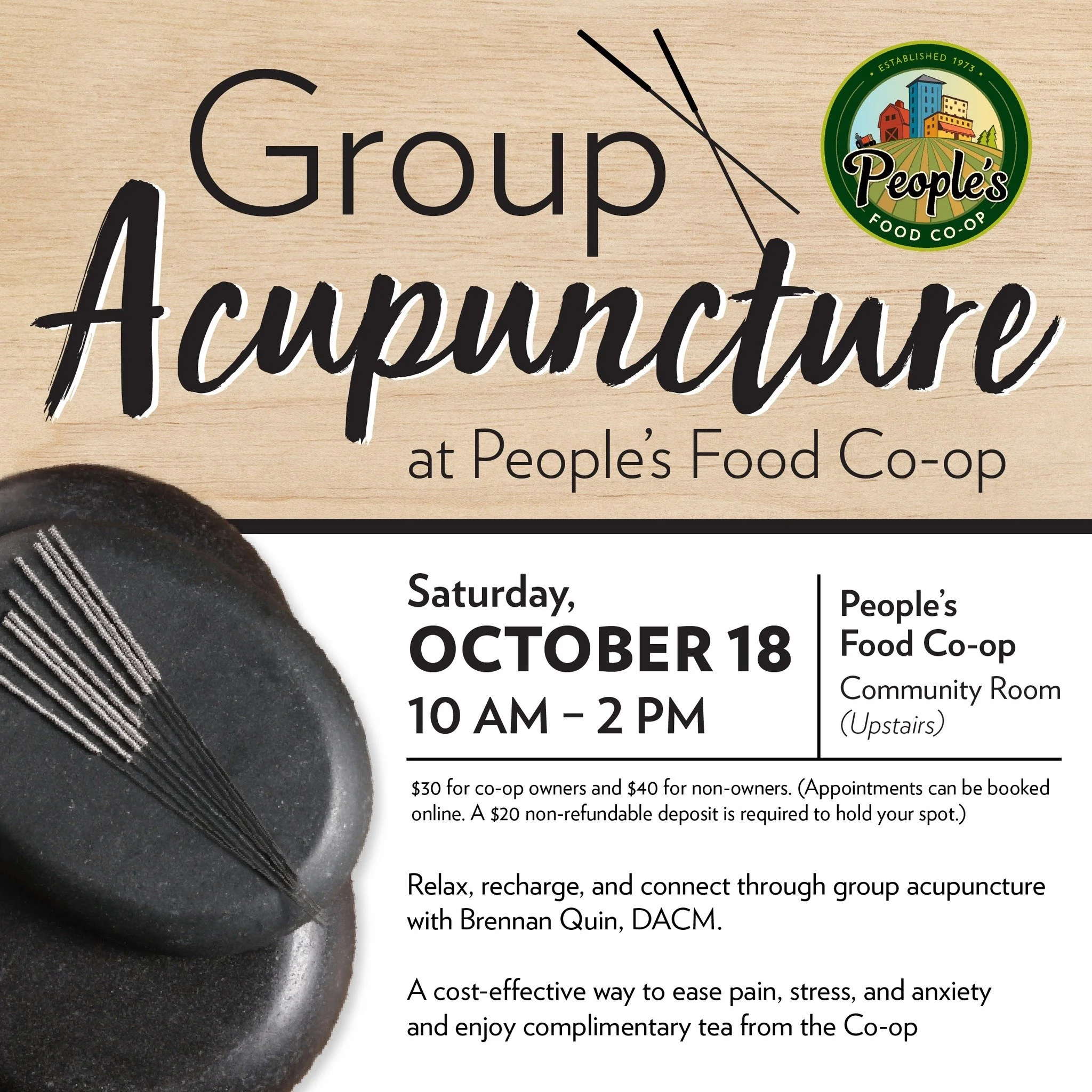 🌿 Take a midweek moment to recharge.

Join us for Group Acupuncture at PFC La Crosse on Wednesday, June 10. This affordable, community-style treatment can help ease stress, anxiety, and chronic pain. Complimentary tea provided by the Co-op.

Take ti