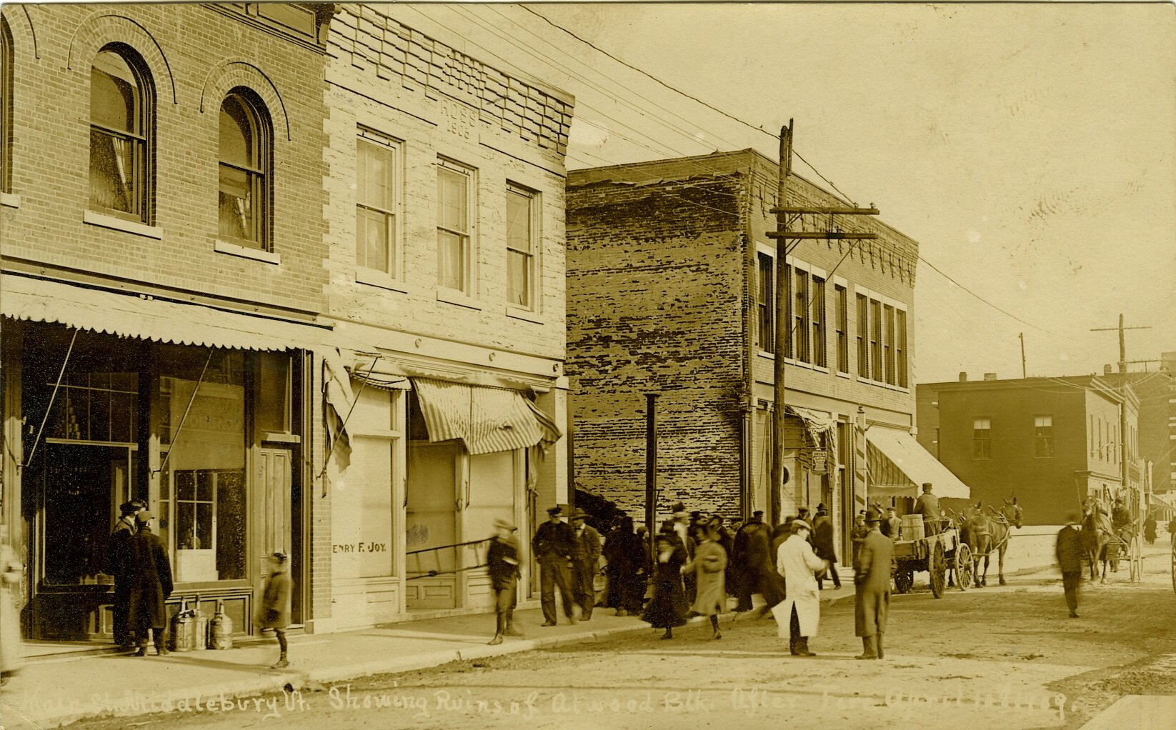 Atwood Block after fire of April 1889, Main St, Middlebury