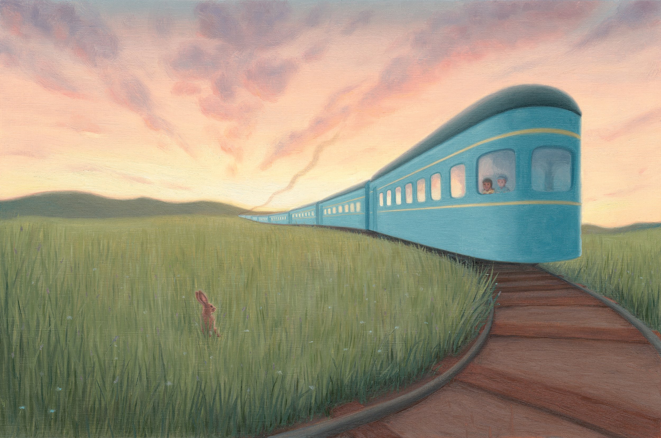 Deirdre Gill; "Journey Home," 2017; Oil on canvas paper; From "Trains Don’t Sleep"