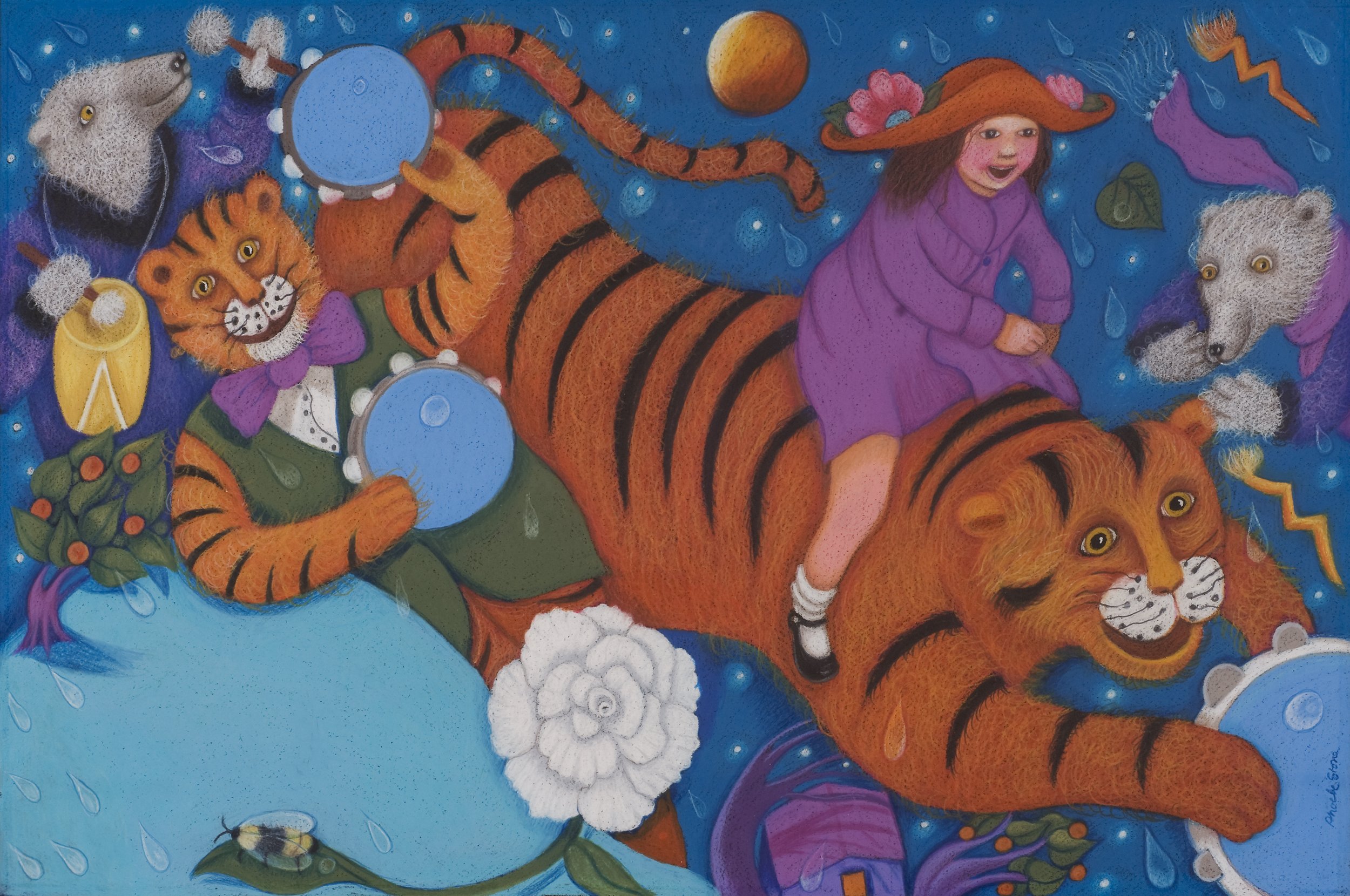Phoebe Stone; "Tigers with Tambourines," 1997; Pastel; From "When the Wind Bears Go Dancing"