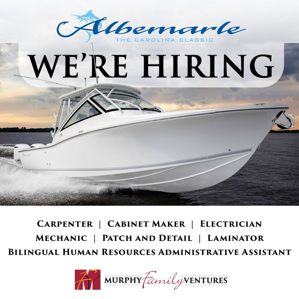 Discover exciting opportunities at @albemarleboats! We're searching for talented individuals in carpentry, cabinet making, electrical work, mechanics, patching and detailing, laminating, and a bilingual HR administrative assistant. Are you ready to e
