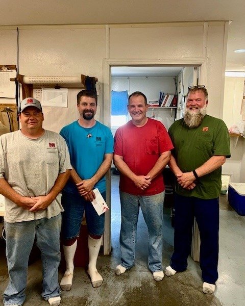Congratulations to Ozark East Sow Farm Manager Scott Schenker on being with MFV for 25 years!! Pictured with Scott is Production Manager Joe Oehring, Senior Vice President and Director of Production Mike Wyant, and Senior Productions Manager Doug Ten