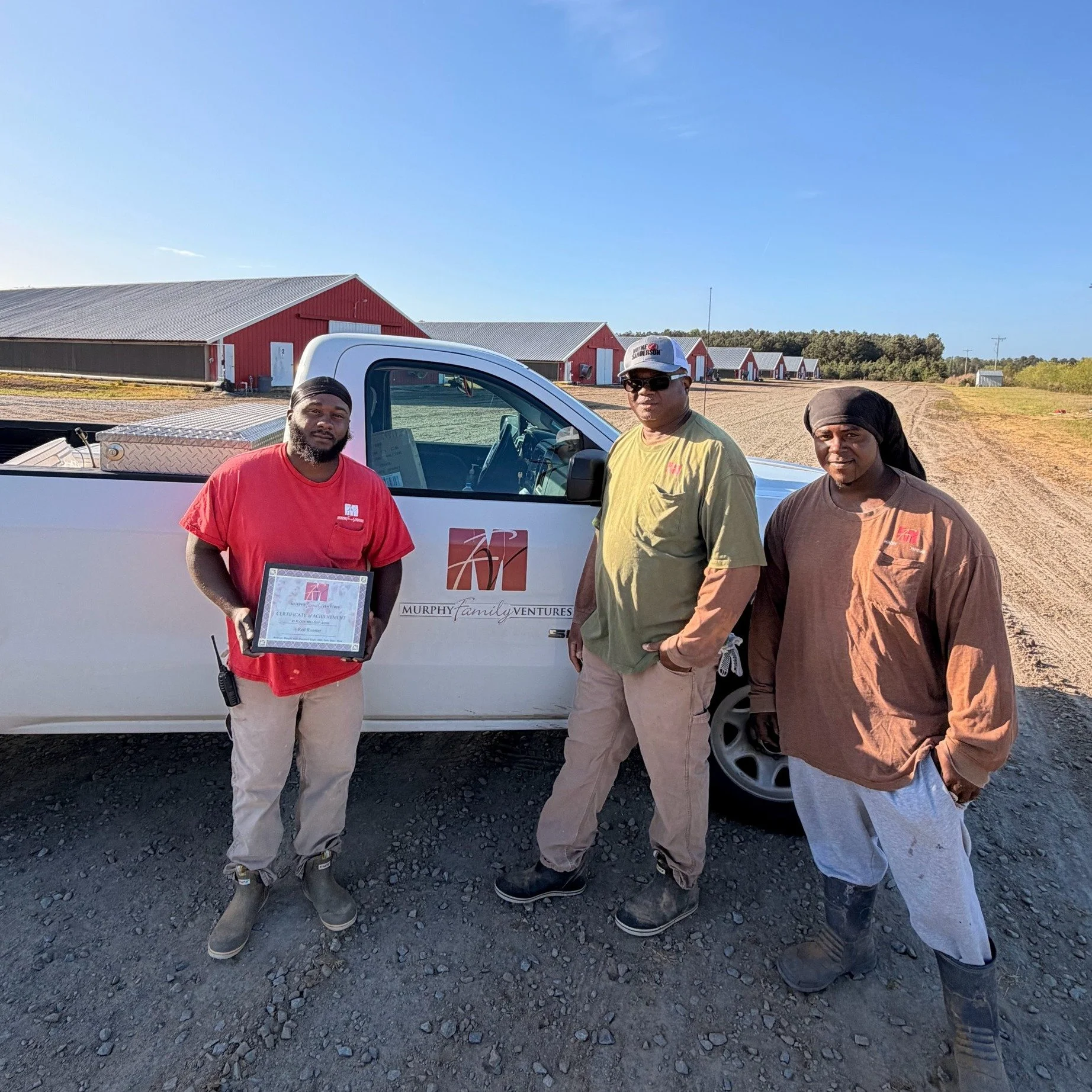 We are proud to recognize Red Rooster and Spearman farms for achieving 1st Place Closeouts!

First photo: Red Rooster team, pictured left to right &mdash; Sharod Leak, Manager Jimmie Wilson, and Keeshan Wilder.

Second photo: Spearman team, pictured 