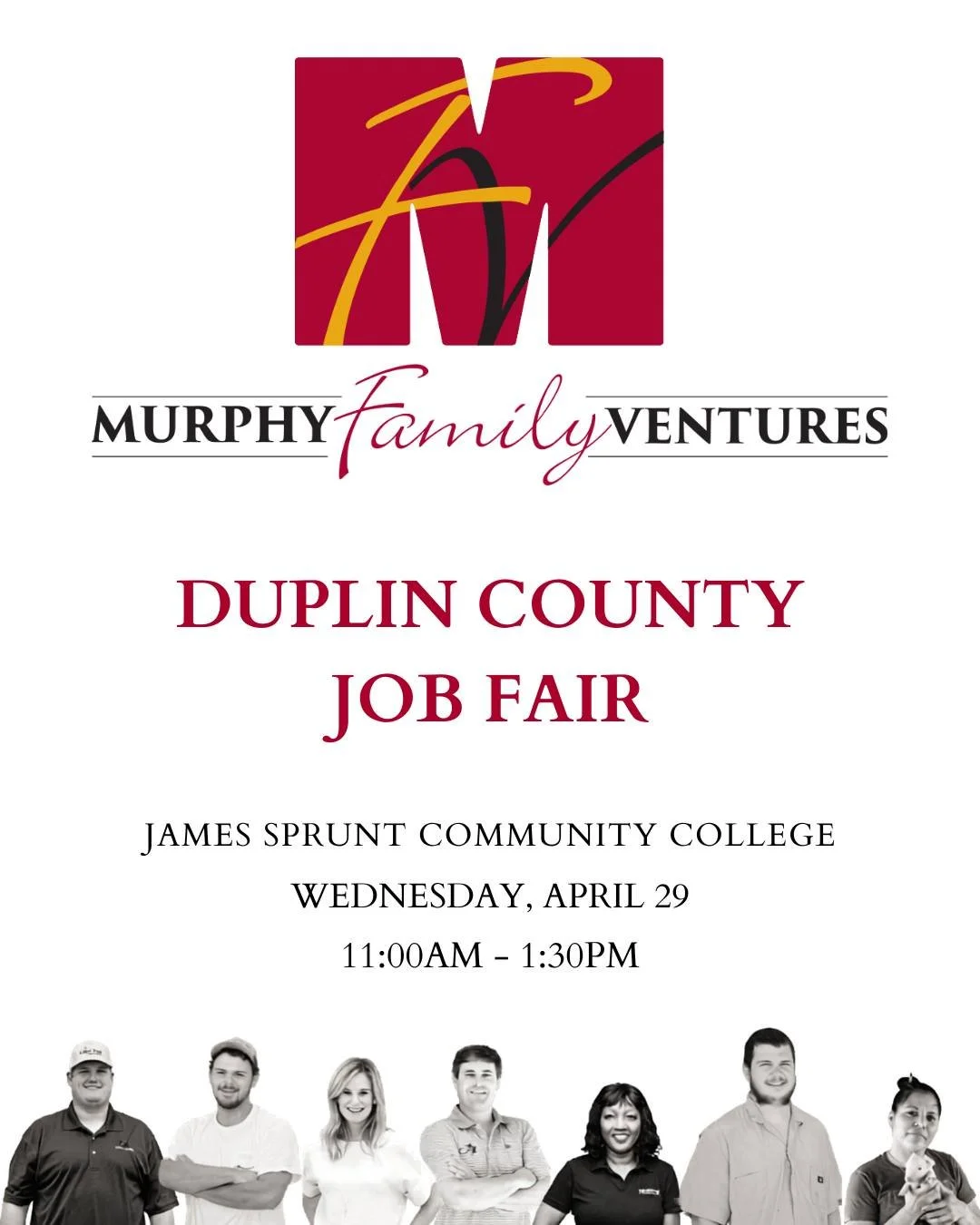 We&rsquo;re at James Sprunt Community College today for the Duplin County Job Fair!

Join us from 11:00 AM &ndash; 1:30 PM to meet the team, explore open positions, and learn what it&rsquo;s like to be part of Murphy Family Ventures.

This event is o