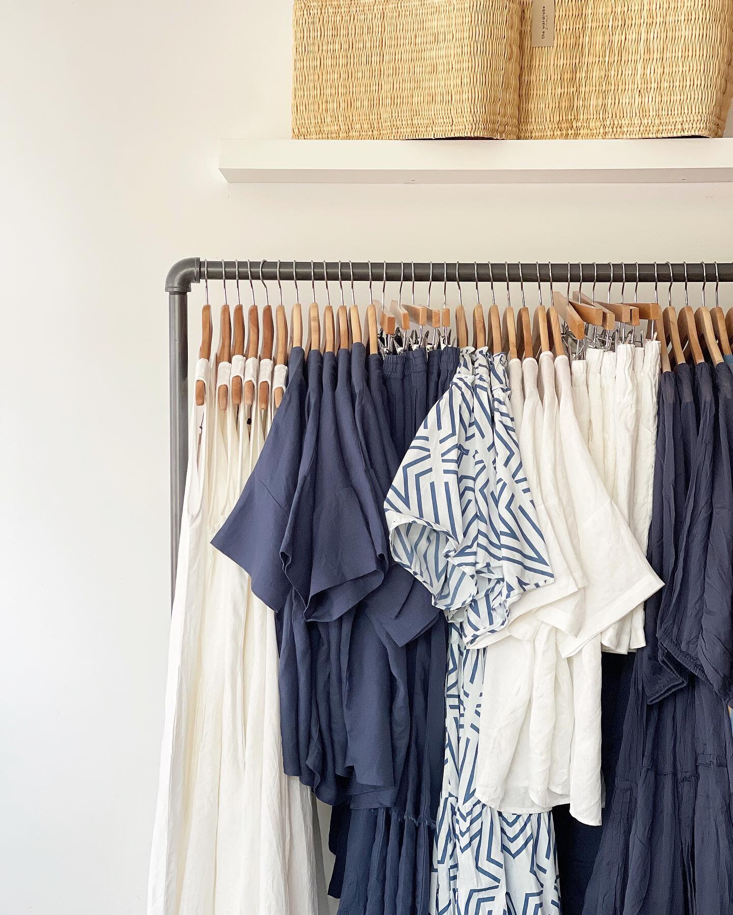 nothin&rsquo; says summer like navy + white. 

&bull;
&bull;
&bull;
#newness #afreshrack #linenlineup #lifeinlinen #brightwhites #maxidresses #summerstaples #easybreezy #springtime #summatime #aroundthestore #summerstyle #basketbag #shopgirl #linenli