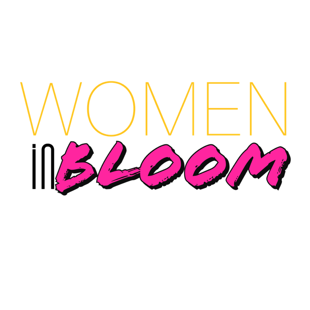 Text saying 'WOMEN BLOOM' with 'WOMEN' in yellow and 'BLOOM' in pink, on a black background.