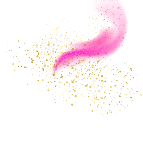 Pink curved shape with yellow glitter-like particles surrounding it against a black background.