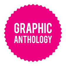 Pink circular badge with jagged edges containing the words 'Graphic Anthology' in white text.