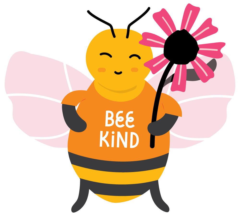 A cute animated bee character with pink butterfly wings, wearing an orange shirt that says "Be Kind", holding a pink flower, and smiling.