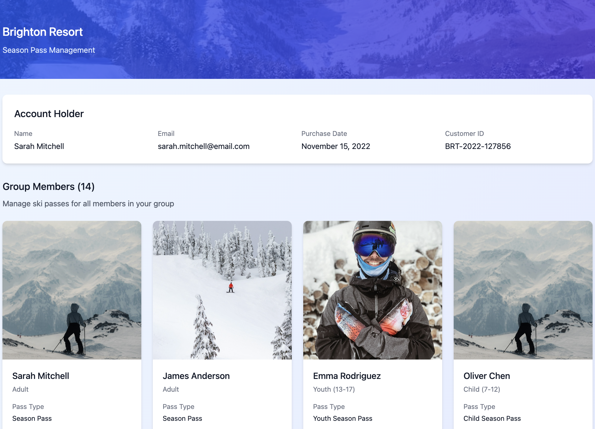 An example webpage showing ski passes for a group of people at Brighton ski resort, Utah