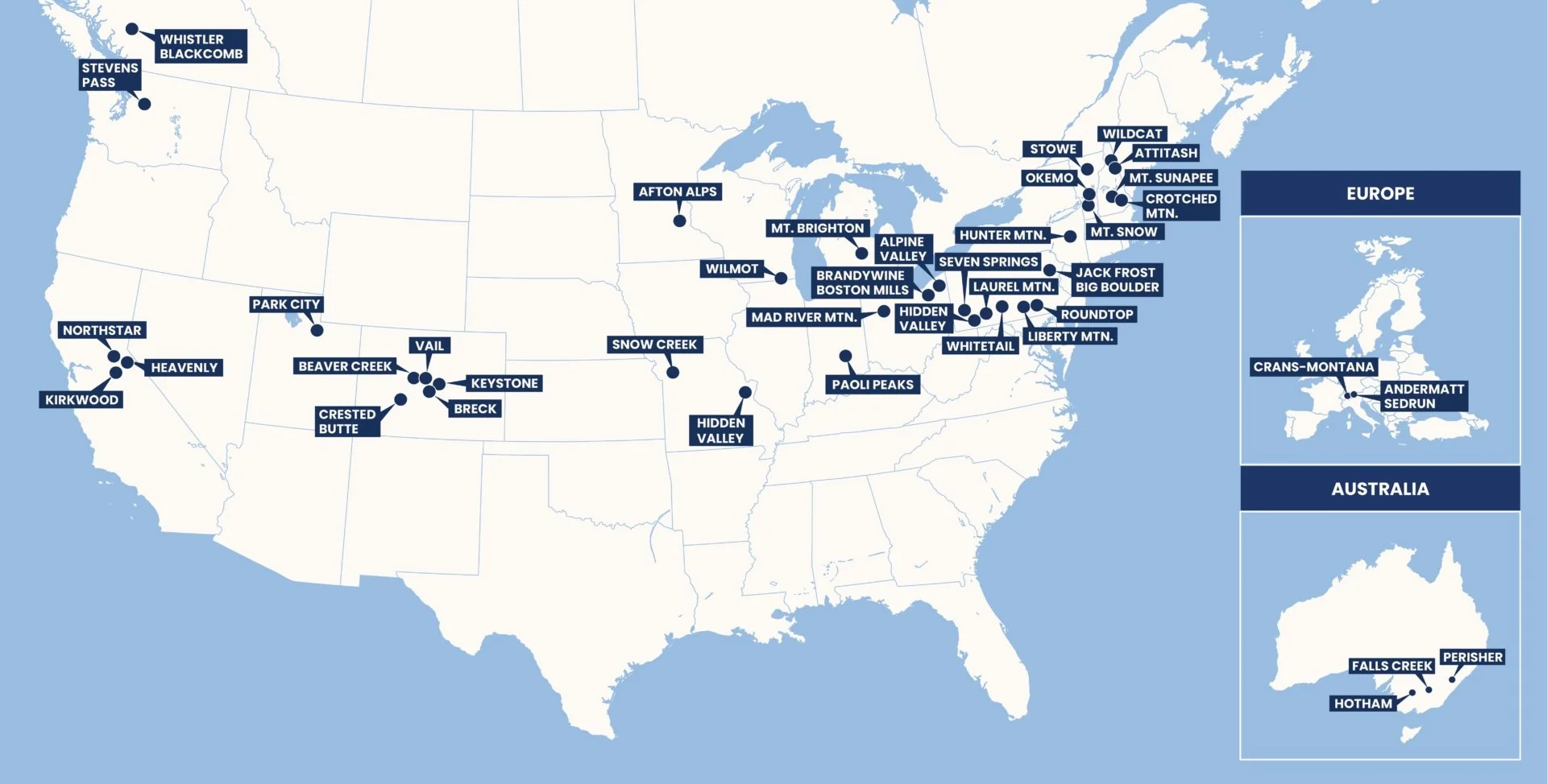Map of all Vail Resorts owned mountains.