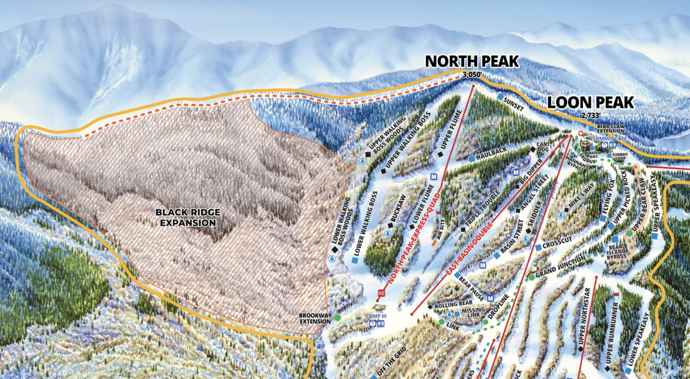 A map showing Loon mountain's Black Ridge Expansion ski terrain.