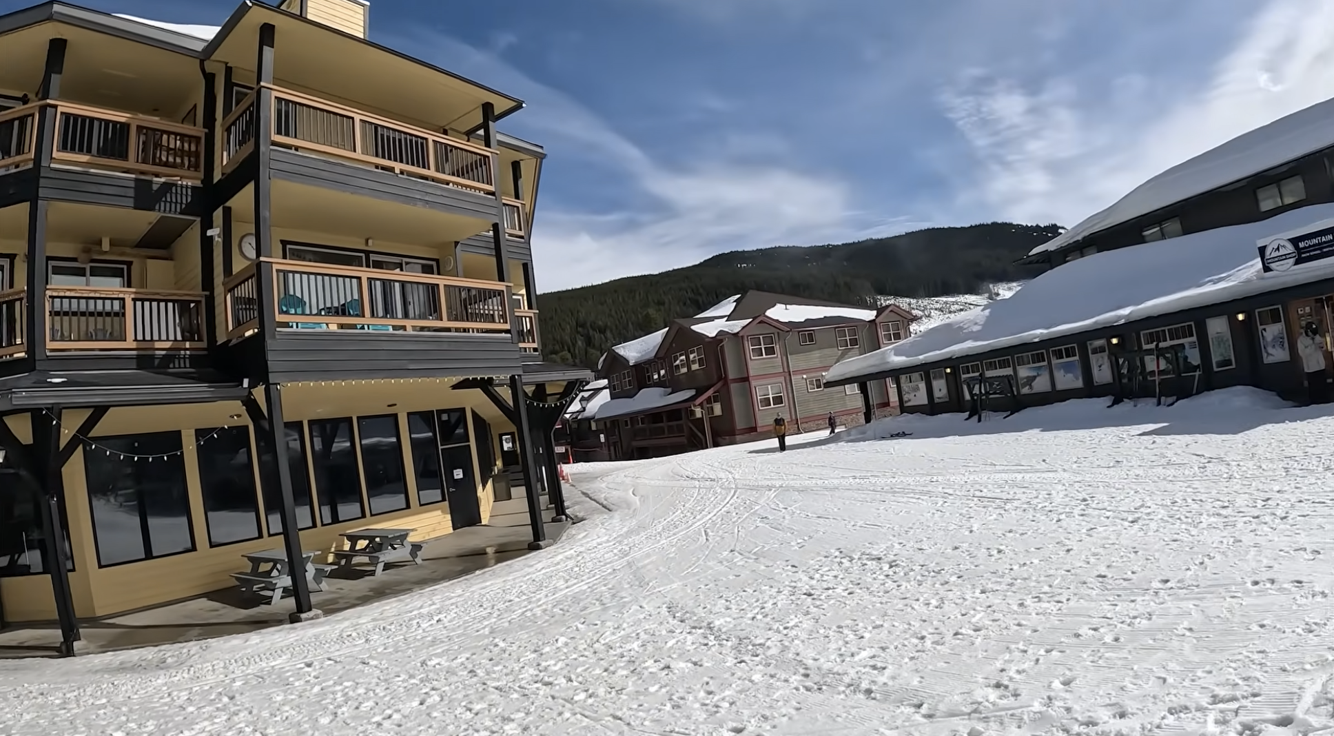 Snowy buildings at Apex mountain resort, British Columbia, Canada