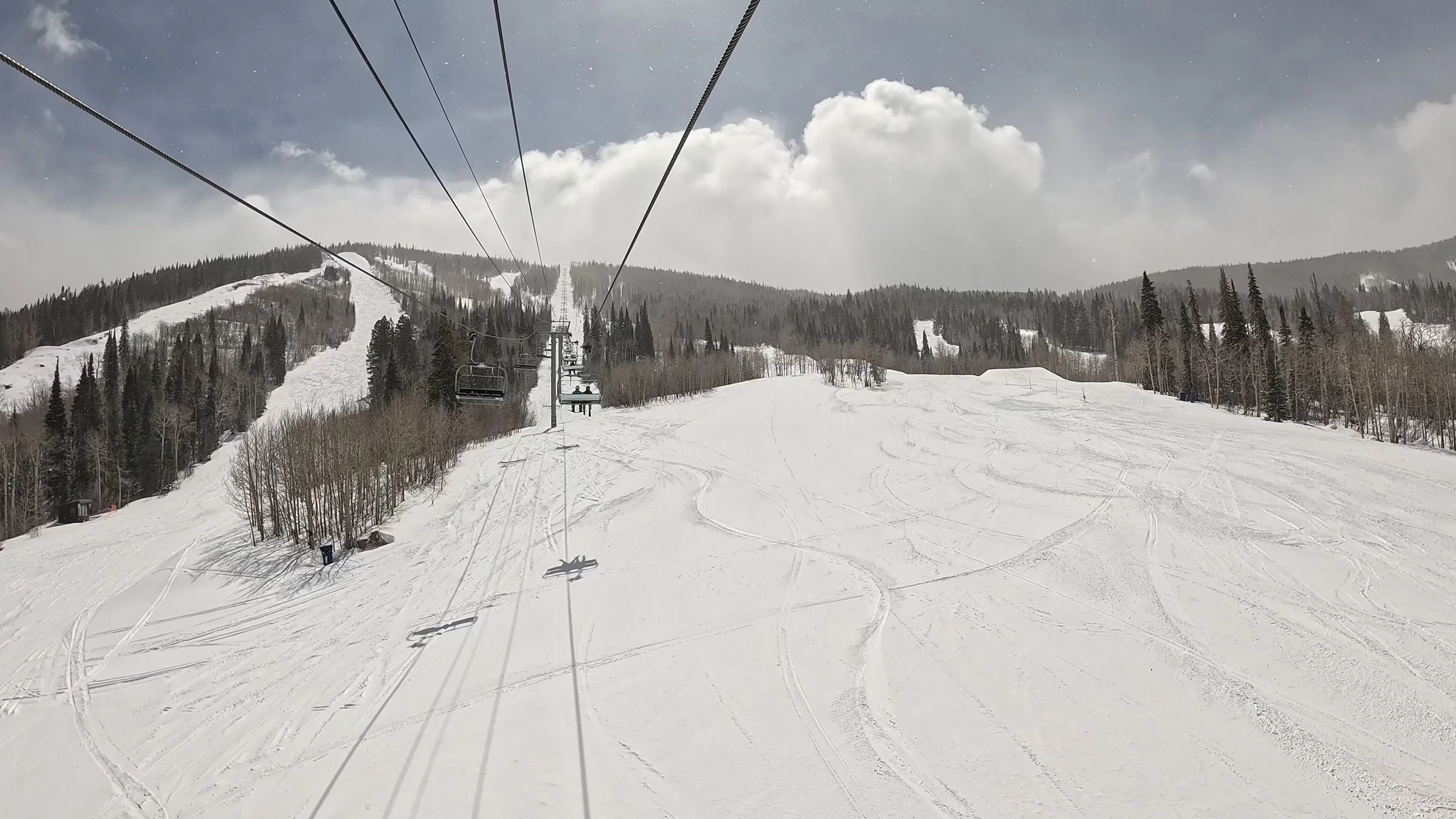 A lift ride up the Flat Top Flyer lift at Powderhorn ski resort.