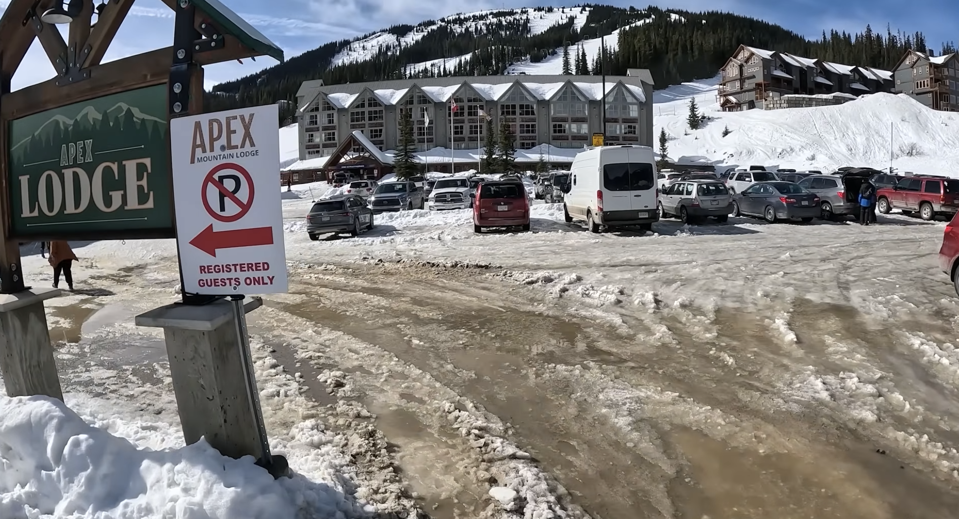 Parking lot and hotels at Apex mountain resort, British Columbia, Canada