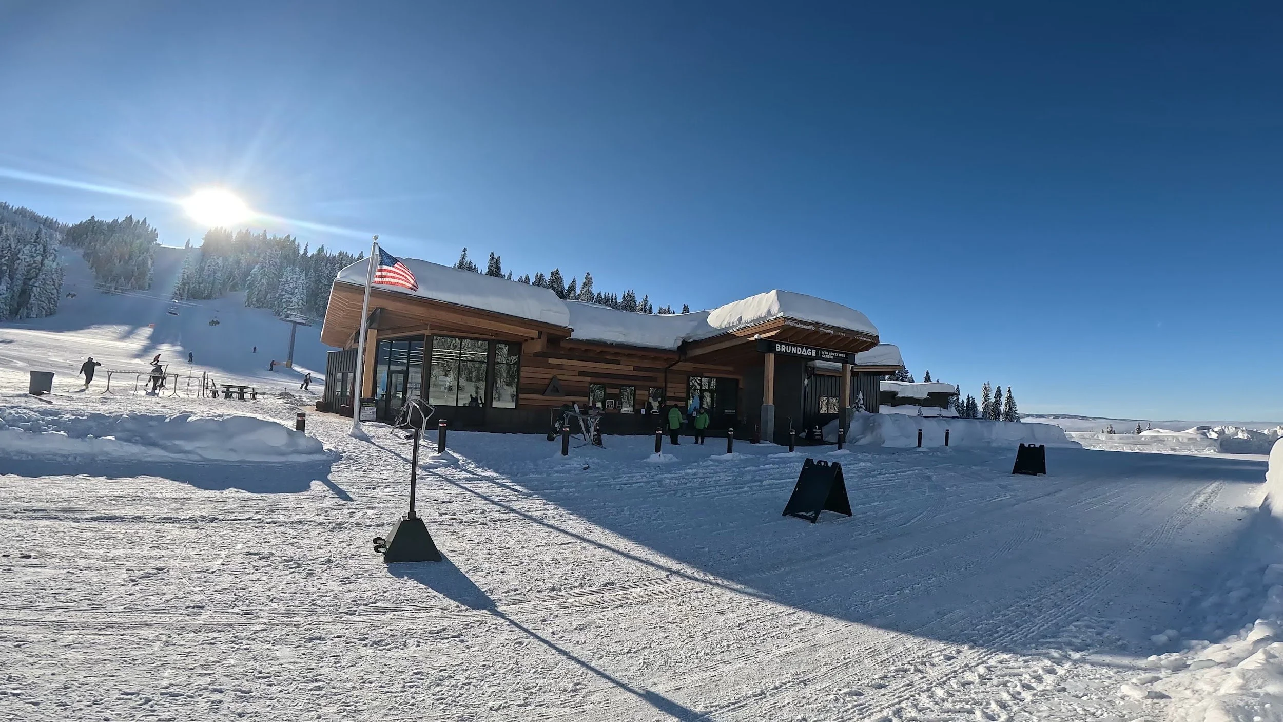 Brundage's base lodge on a sunny winter day
