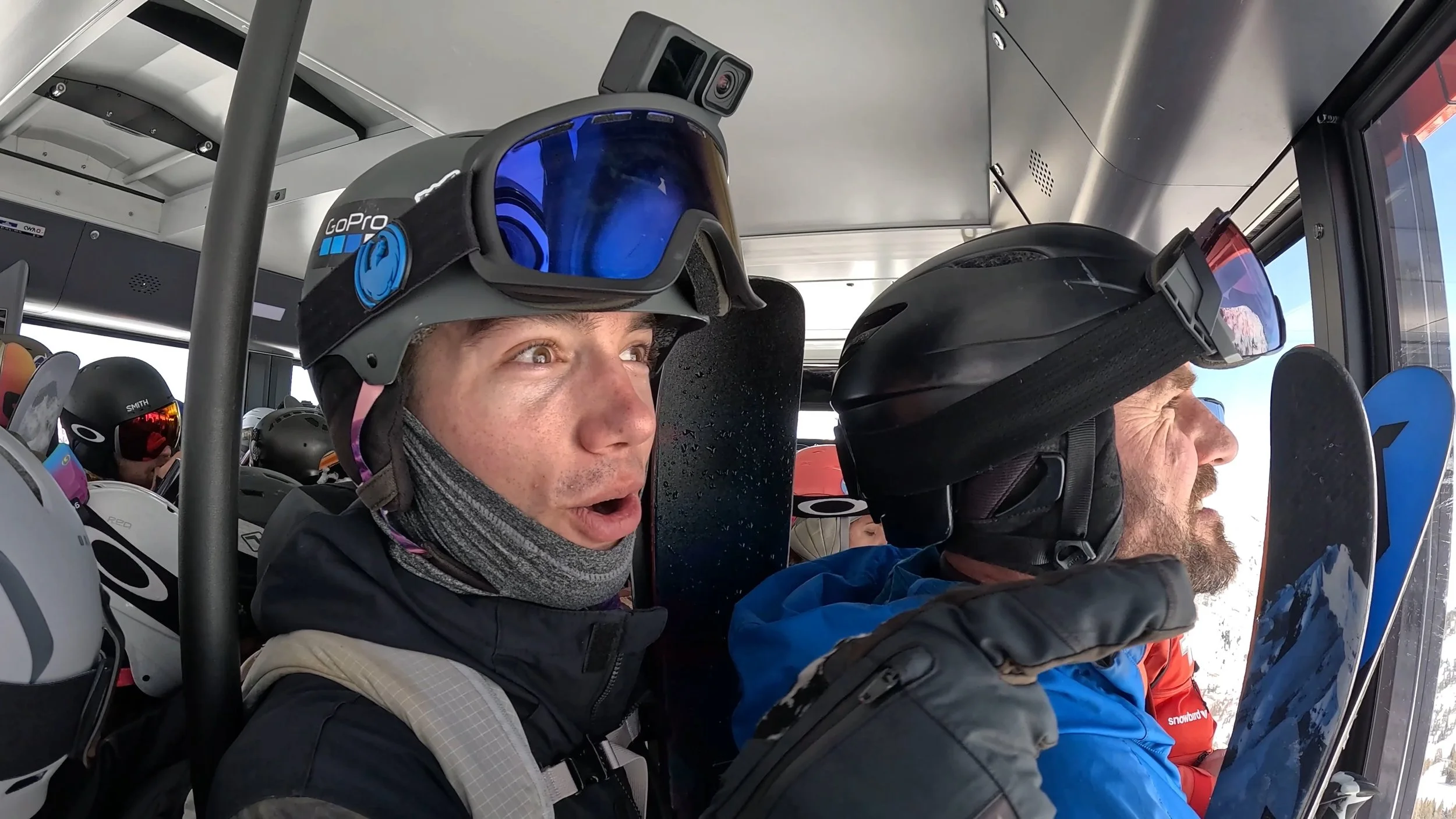 Shocked skier on the Okemo aerial tramway.