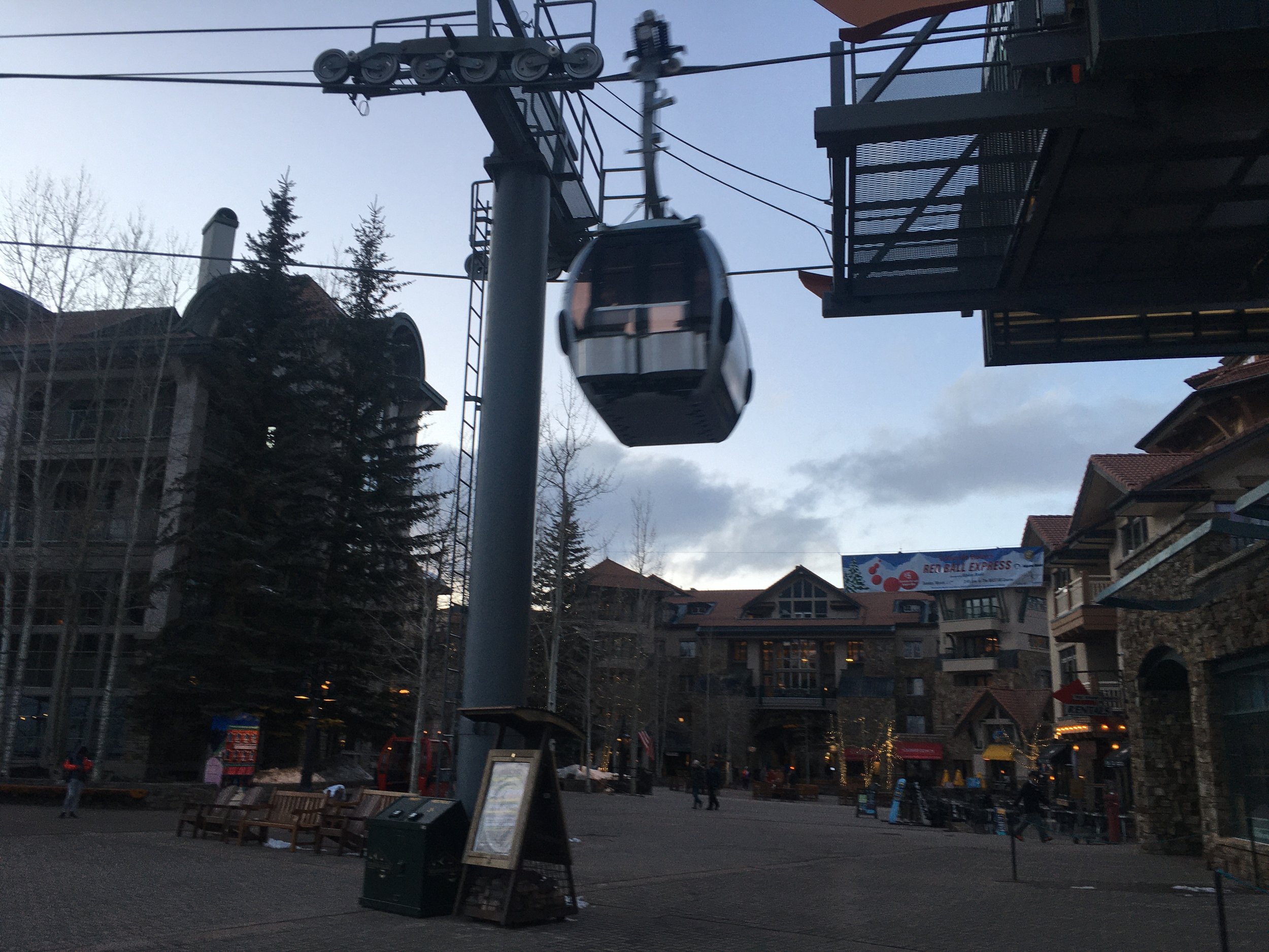 The ski town of Mountain Village, Colorado with the gondola in the background.