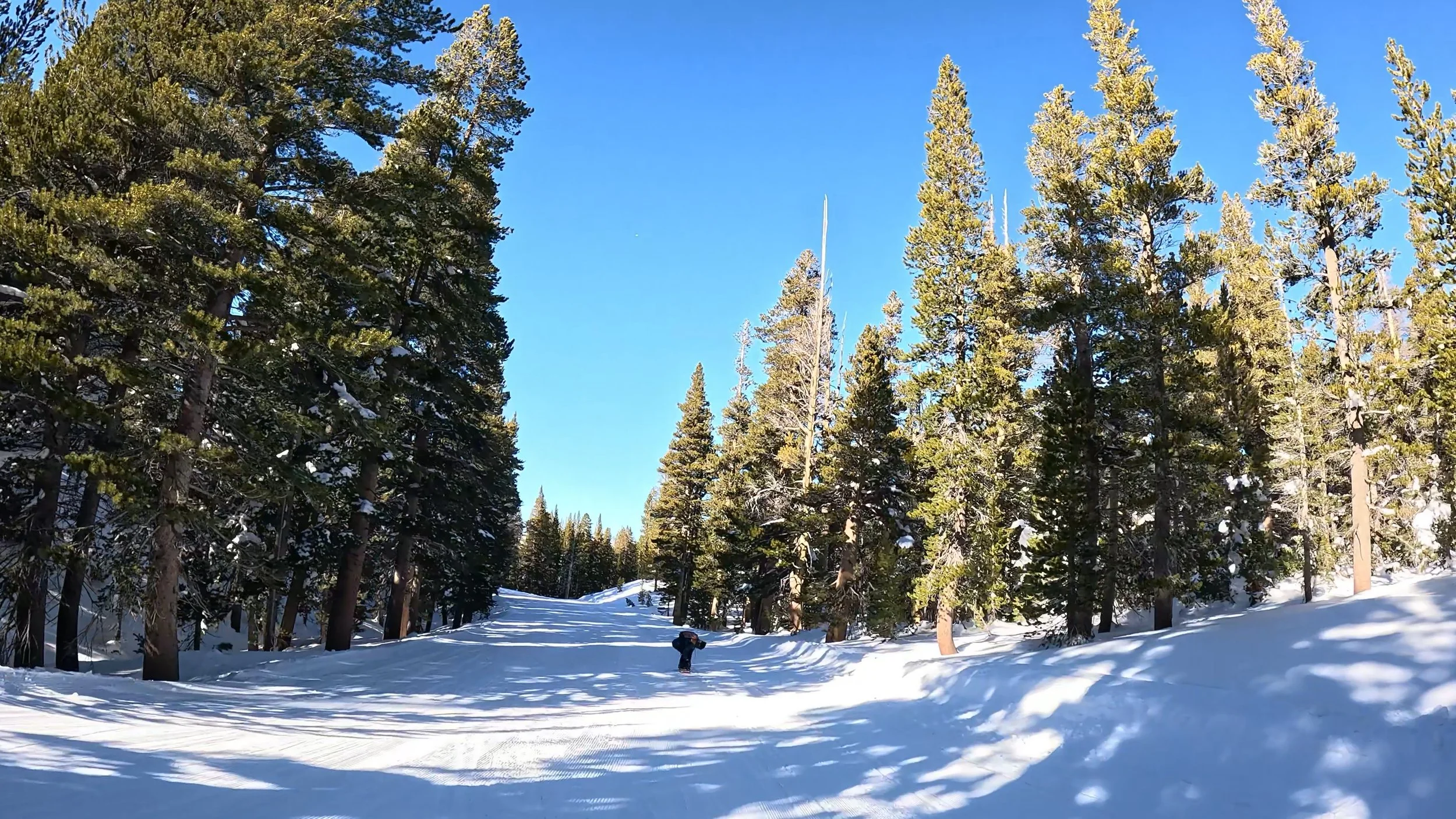 A flat terrain spot with a traversing snowboarder at June Mountain ski resort.