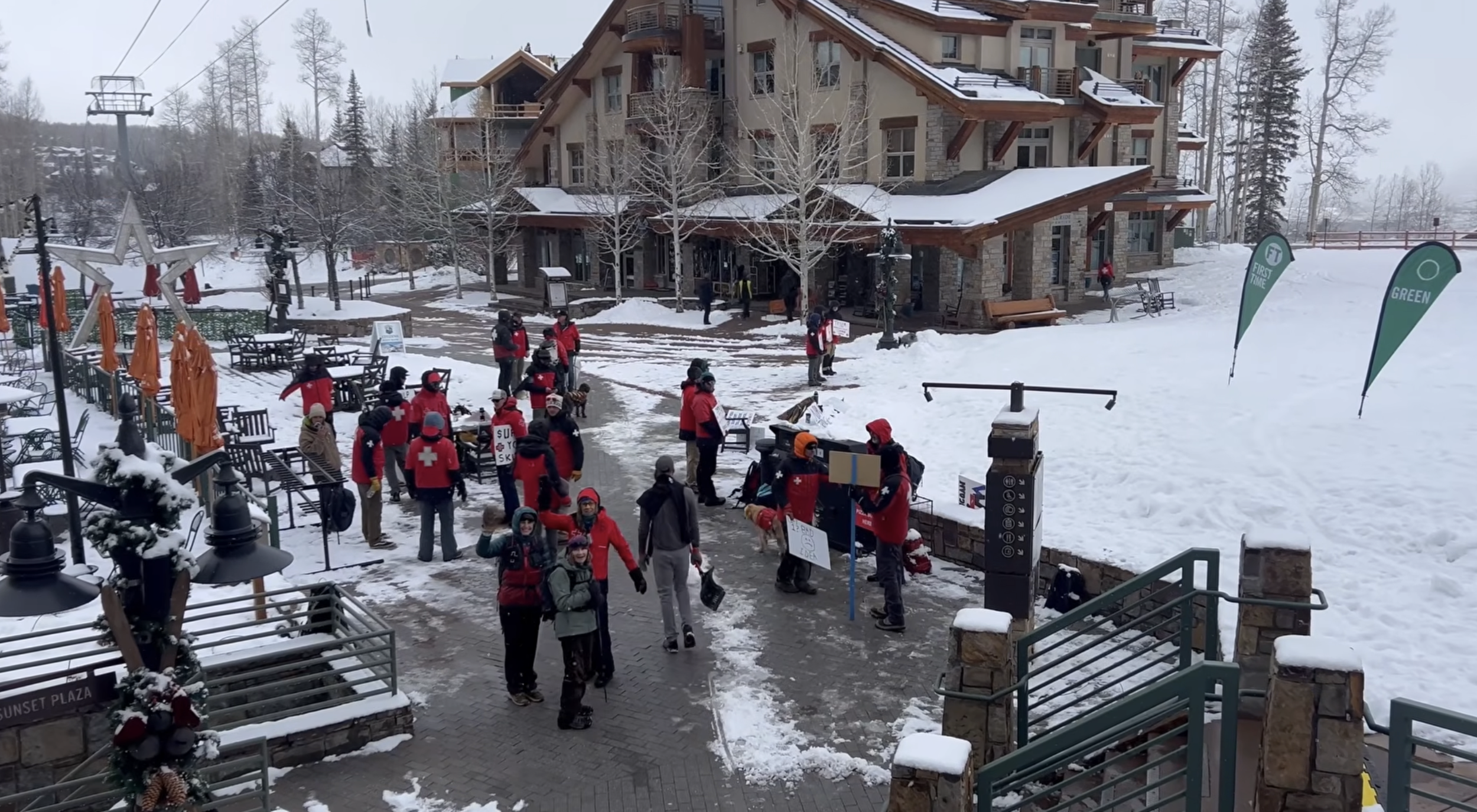 Striking ski patrollers demonstrate at Telluride ski resort, Colorado