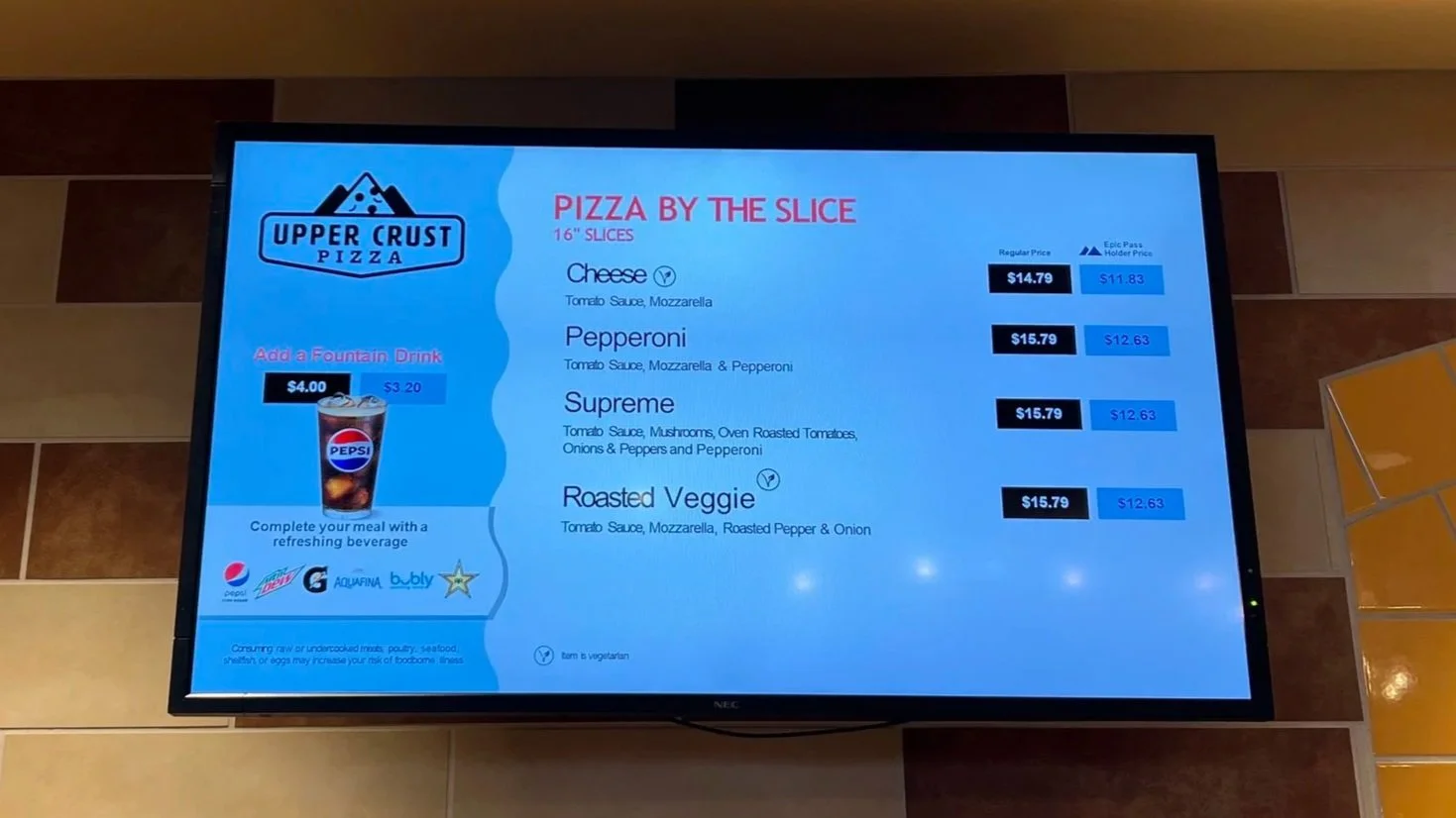 A pizza menu at Park City ski resort.
